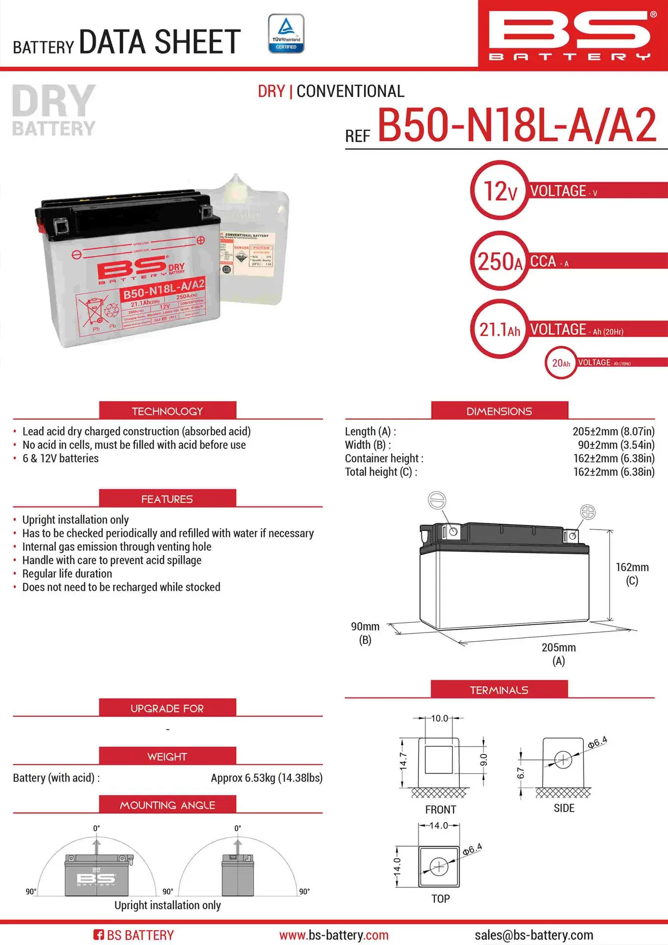 BS akumulátor B50-N18L-A/A2 (Y50-N18L-A/A2) 12V 20AH 205X90X162 obsluhovaný - elektrolyt zvlášť 250A UE48 (2) ( )