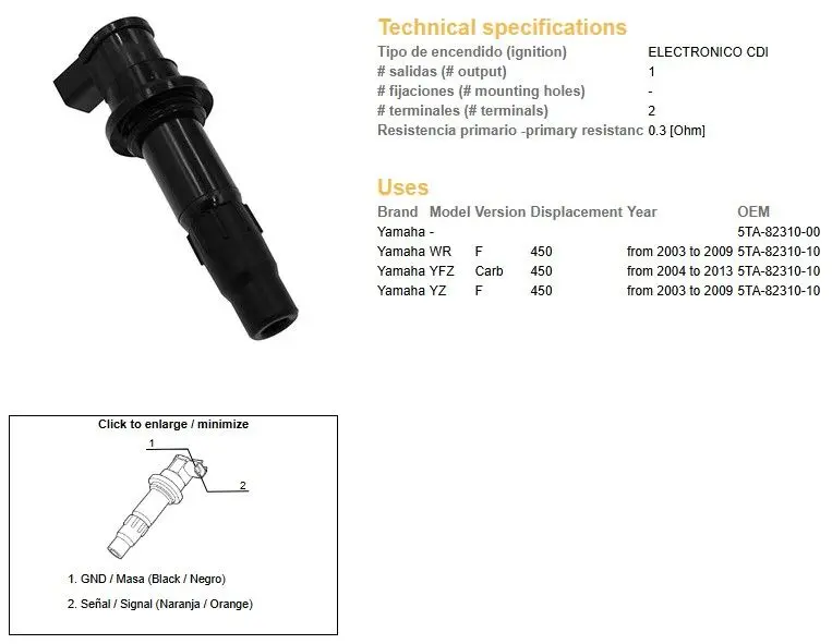 DZE zapalovací cívka YAMAHA YFZ 450R 04-13; WR 450F 03-09; YZ 450F 03-09 (5TA-82310-00) ( )