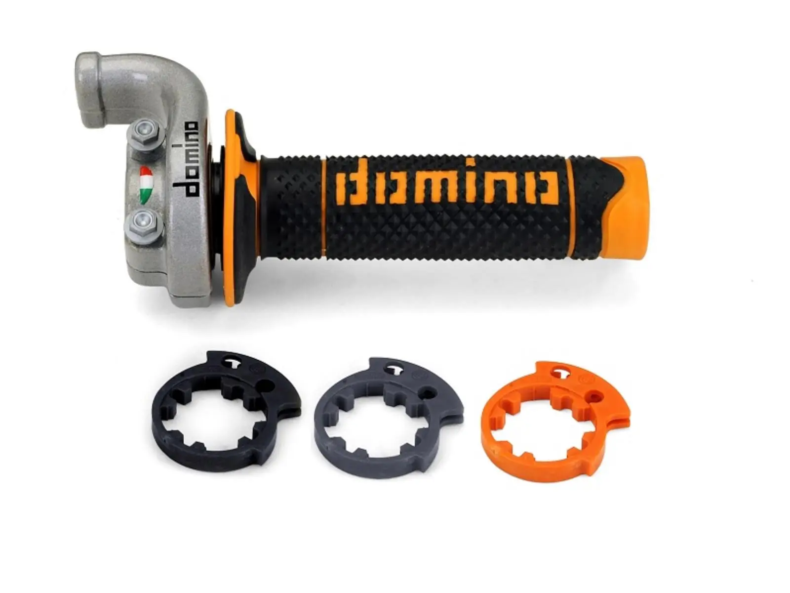 DOMINO plynová rukojeť kompletní s rukojeti OFF ROAD KTM/HUSQVARNA/GASGAS 4T (stříbrné pouzdro) barva černá/oranžová ( )