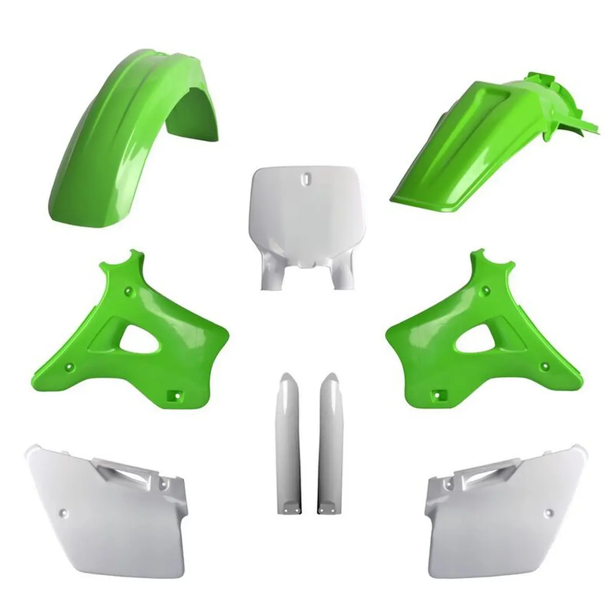 POLISPORT kompletní sada plastů (FULL KIT) KAWASAKI KX 125/250 96-98 v sadě tabulka přední (8677000001) i kryty tlumičů (8395000001) barva zelená OEM