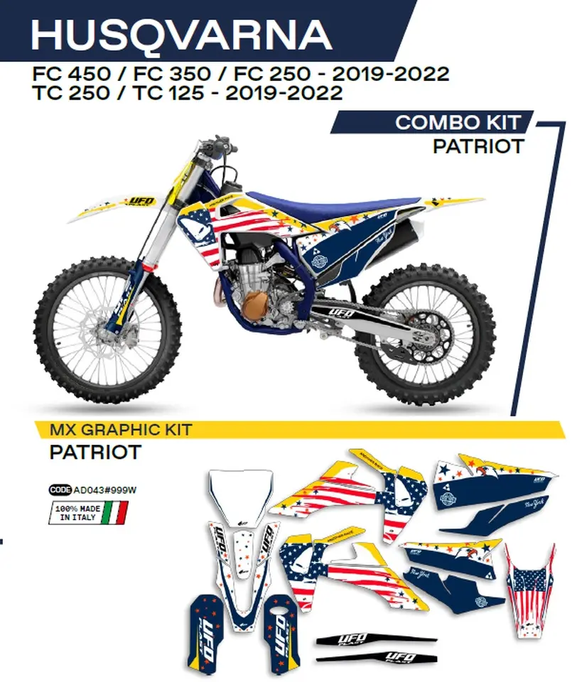 UFO sada samolepek (dýhy) HUSQVARNA TC 125/250 19-22; FC 250/350/450 19-22 PATRIOT barva OEM (bílá/modrá) ( )