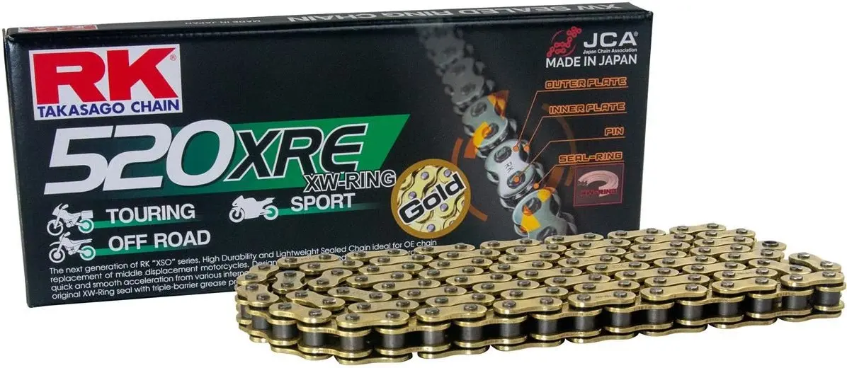 RK hnací řetěz GB520XRE-126 (XW-RING) nýtovací spojka (CLF) v sadě barva zlatá (objem: do 800 ccm) (RK hnací řetěz GB520XRE-126 (XW-RING) nýtovací)