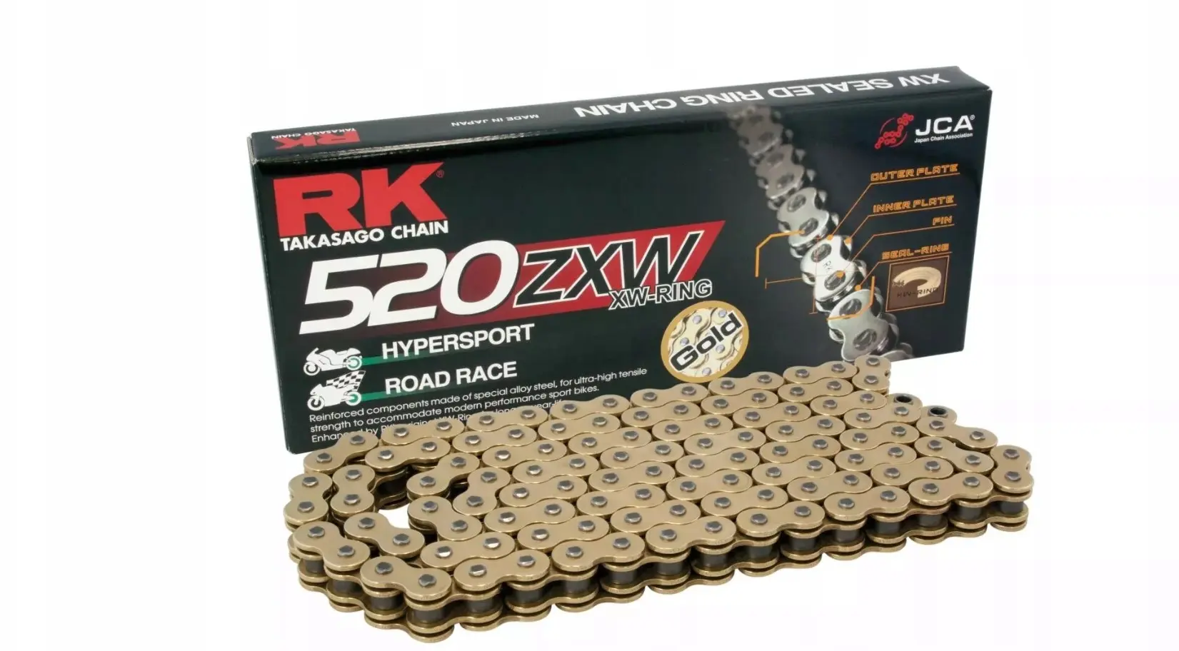 RK hnací řetěz GB520ZXW-120 (XW-RING) nýtovací spojka (CLF) v sadě barva zlatá (objem: do 1200 ccm) ( )