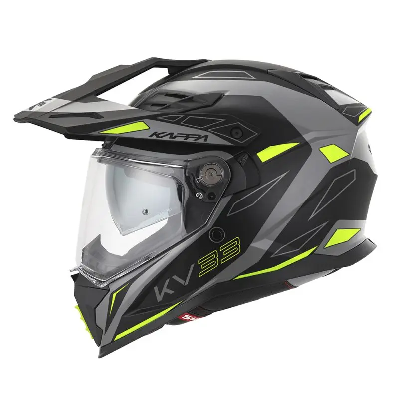KAPPA přilba KV33 GRAPHIC WIZZARD ENDURO DUAL OFF ROAD se štítem i krycím panelem barva černá šedá žlutá fluo MATT rozměr 54 / XS (homologace ECE