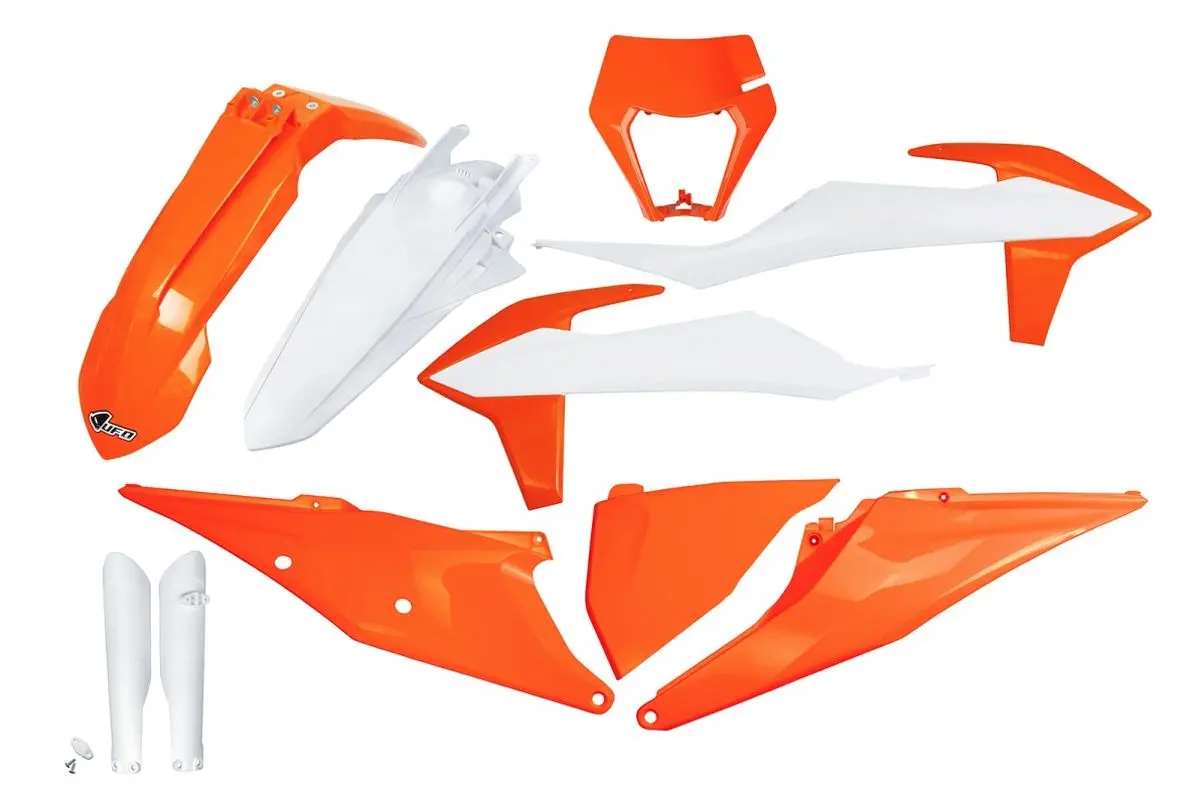 UFO kompletní sada plastů (FULL KIT) s kryty přední vidlice KTM EXC 125 20-21, EXC 250 / 300 TPI 20-23, EXC-F 250 / 350 / 450 / 500 20-23 s krytem
