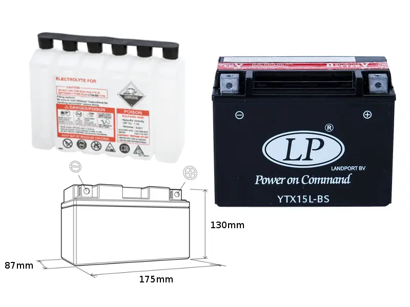 LANDPORT akumulátor YTX15L-BS (MA LTX15L-BS) 12V 12AH 175X87X130 bezúdržbový - elektrolyt zvlášť (2) UE48 ( )