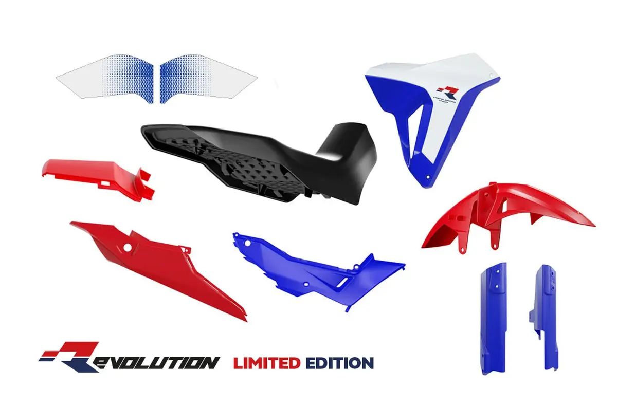 RACETECH (RTECH) kompletní sada plastů se sedlem REVOLUTION HONDA XL 750 TRANSALP 23-25 barva bílá / černá / červená ( )