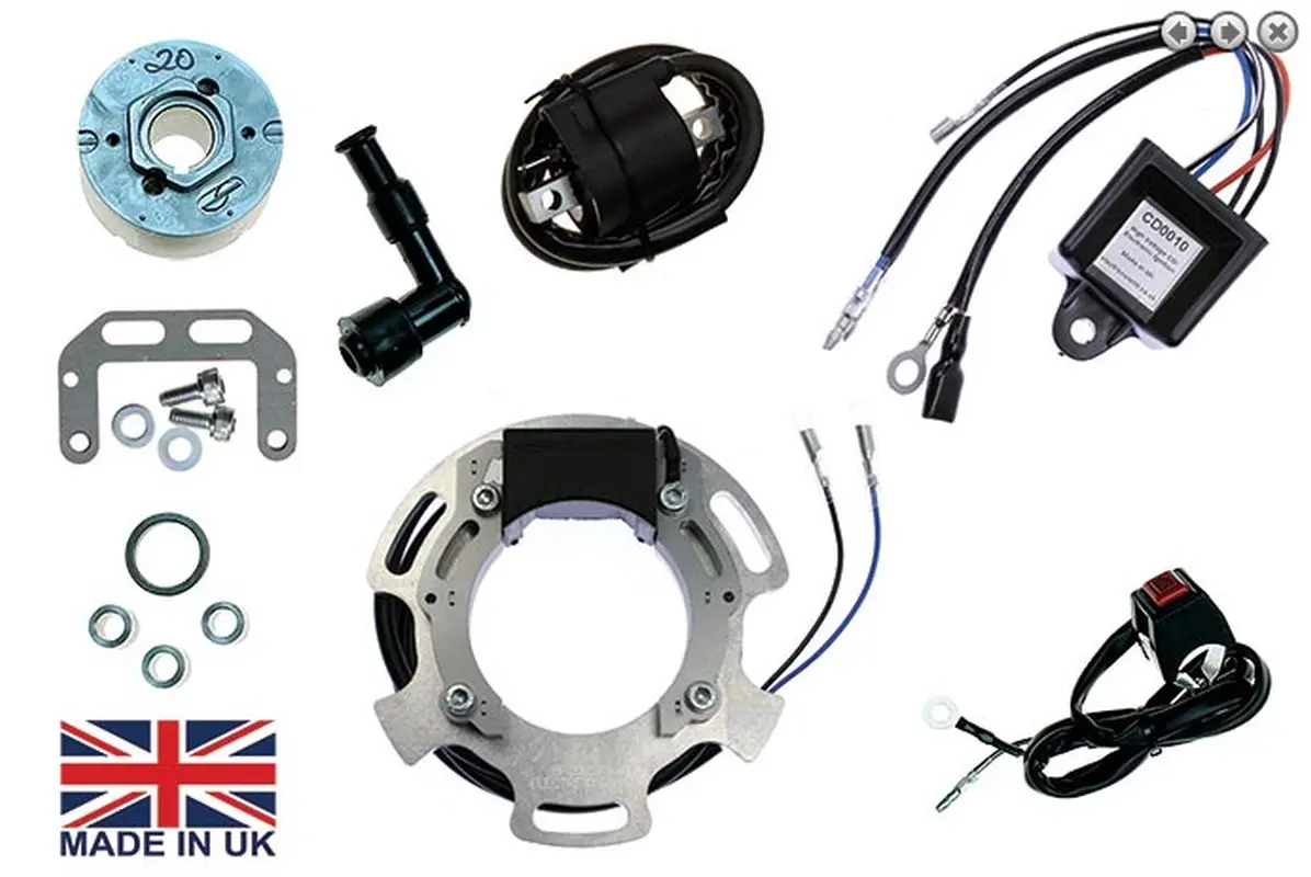 ELECTREX sada zapalování rotor, (magnetické kolo) vinutí alternátoru, regulátor napětí, zapalovací cívky, svíčkové kabely, modul CDI, TRIUMPH T20 /