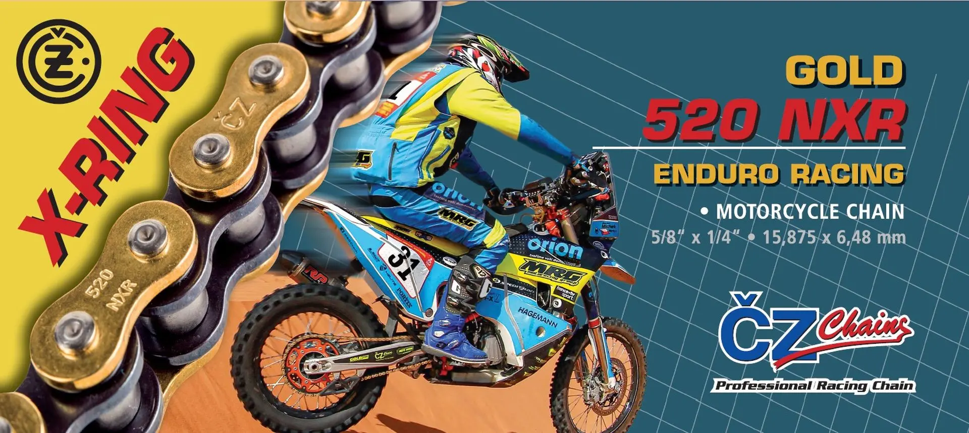 CZ hnací řetěz 520 NXR (110 článků) ACTIVE RING (X-RING) zlatý ENDURO závodní do 600 ccm (úzký 15,875 X 6,48mm) + spona ( )