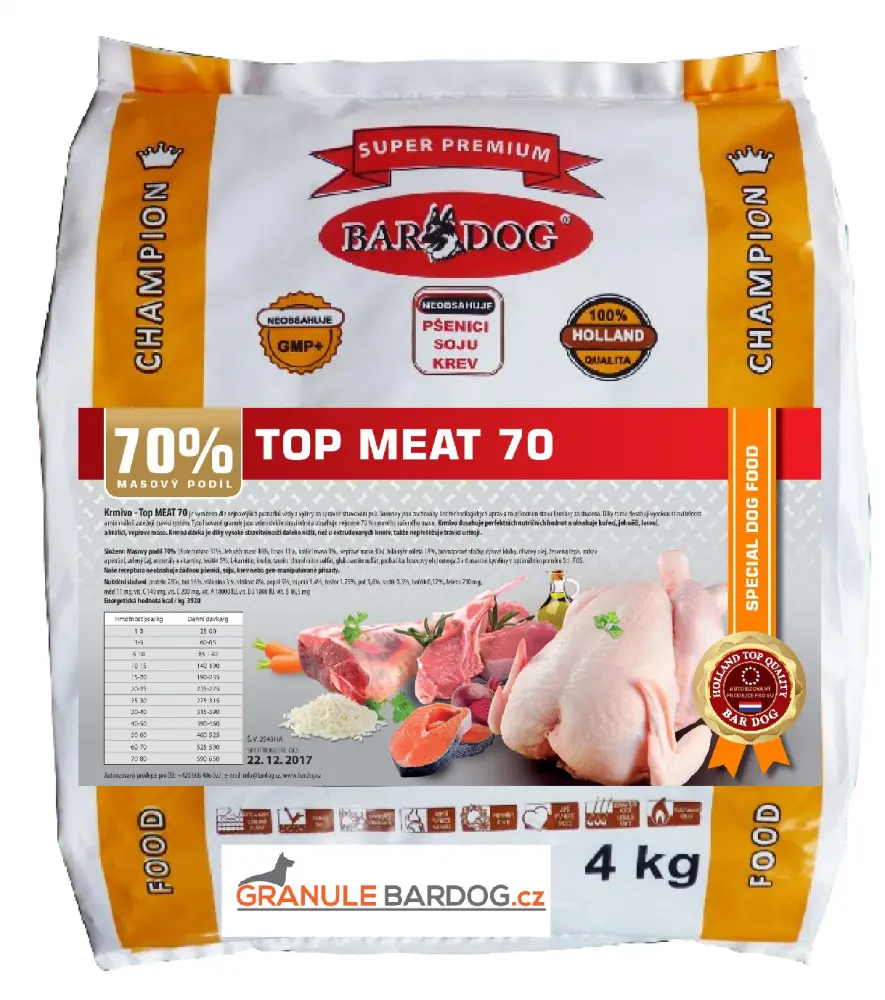 Bardog Top Meat 70 – lisované granule pro psy, 4 kg, 70 % masa