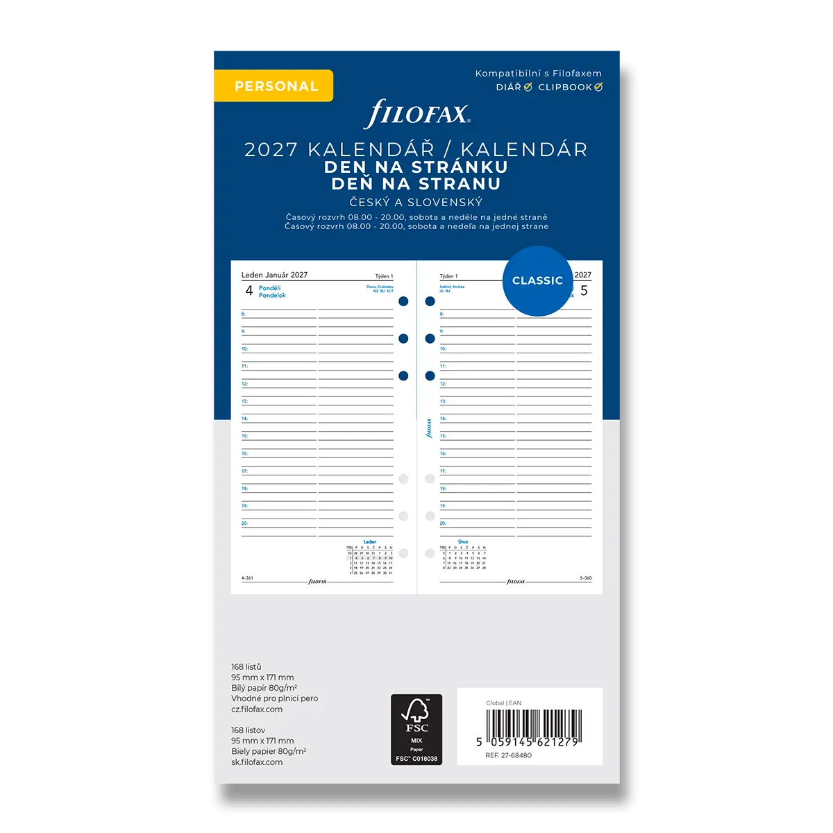 Filofax - náplň osobní - kalendář 2027, den na stránku, linkovaný, ČJ + SJ