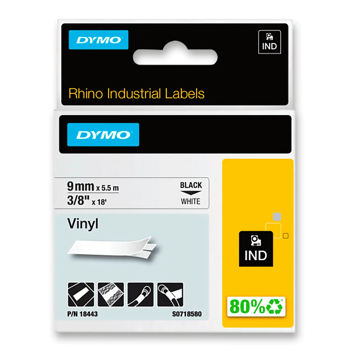 Dymo originální páska do tiskárny štítků, Dymo, 18443, S0718580, černý tisk/bílý podklad, 5.5m, 9mm, RHINO vinylová profi D1