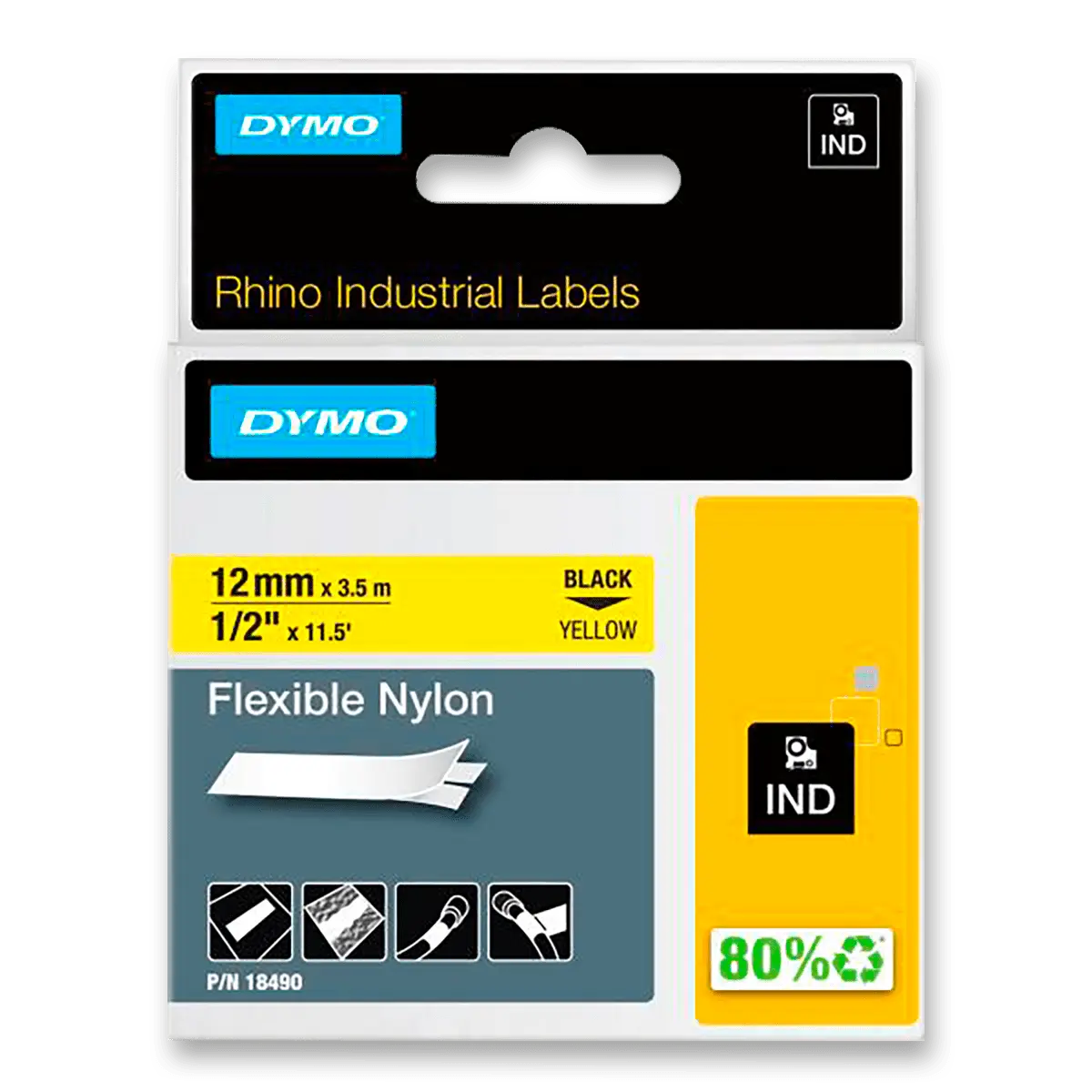 Dymo Rhino 18490 - nylonová flexibilní páska - černo-žlutá, 12 mm x 3,5 m