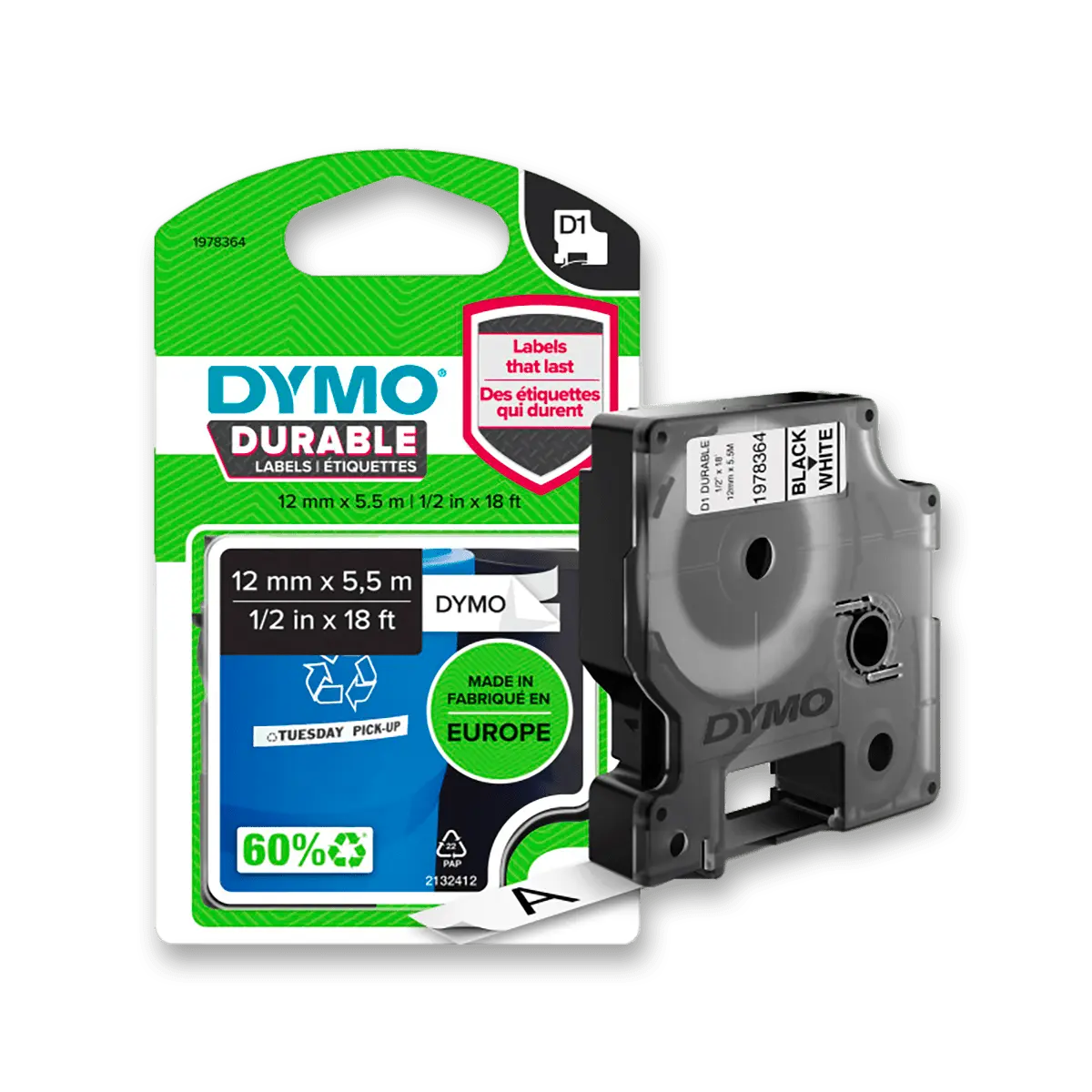 Dymo originální páska do tiskárny štítků, Dymo, 1978364, černý tisk/bílý podklad, 5.5m, 12mm, D1, permanentní vinylová