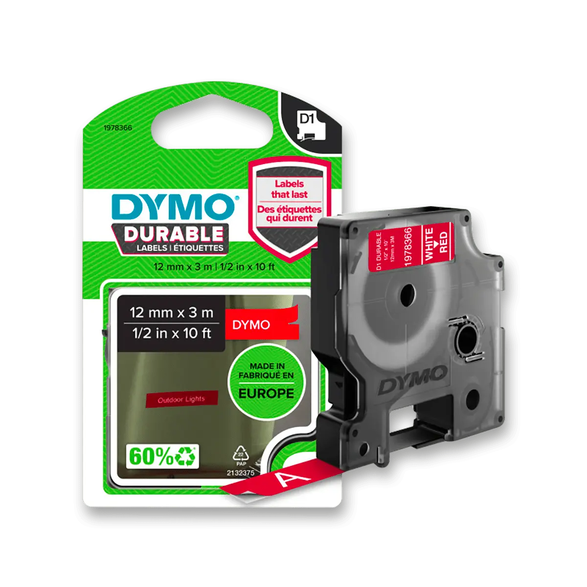 Dymo D1 1978366 - originální vinylová páska - bílo-červená, 12 mm × 3 m