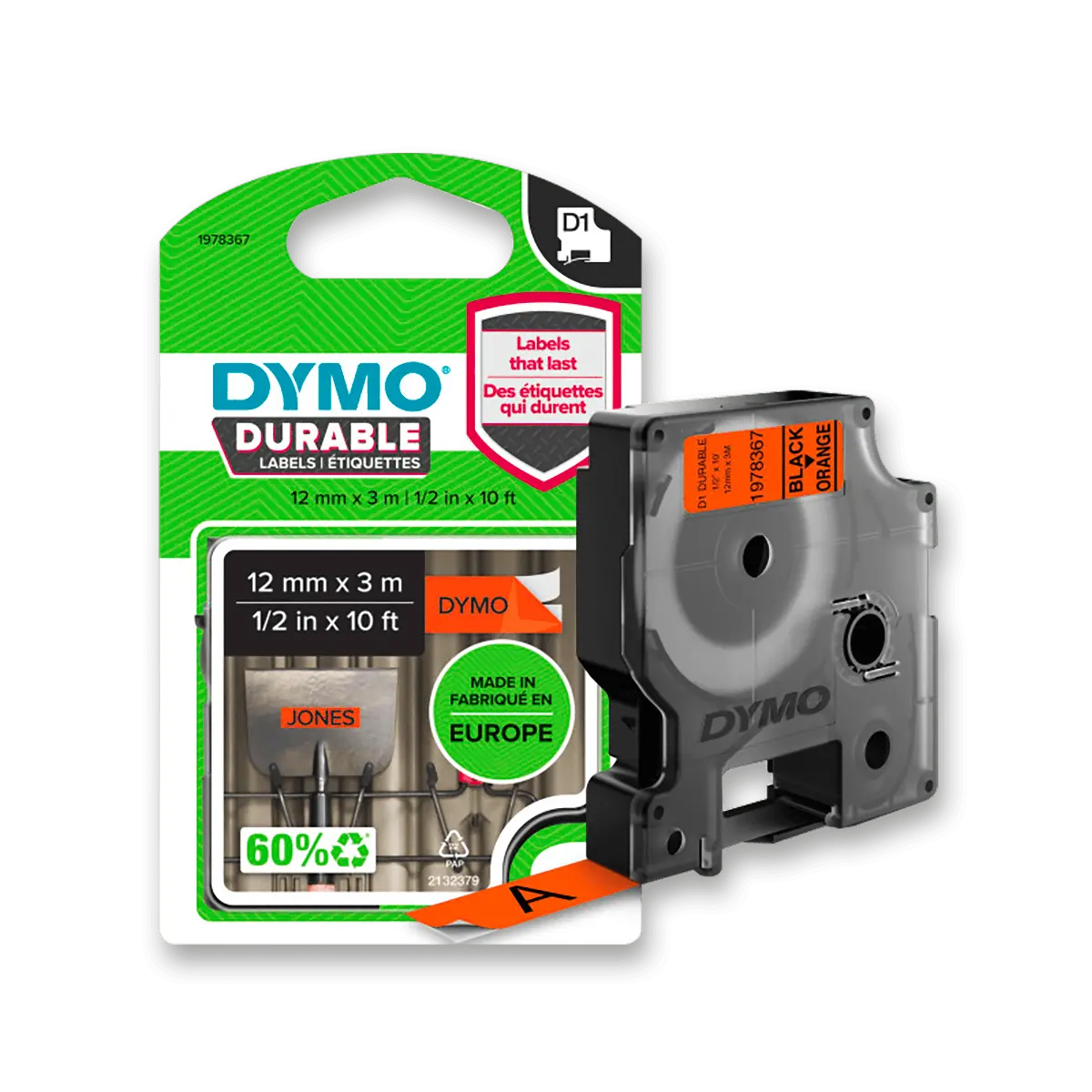Dymo D1 1978367 - originální vinylová páska - černo-oranžová, 12 mm × 3 m