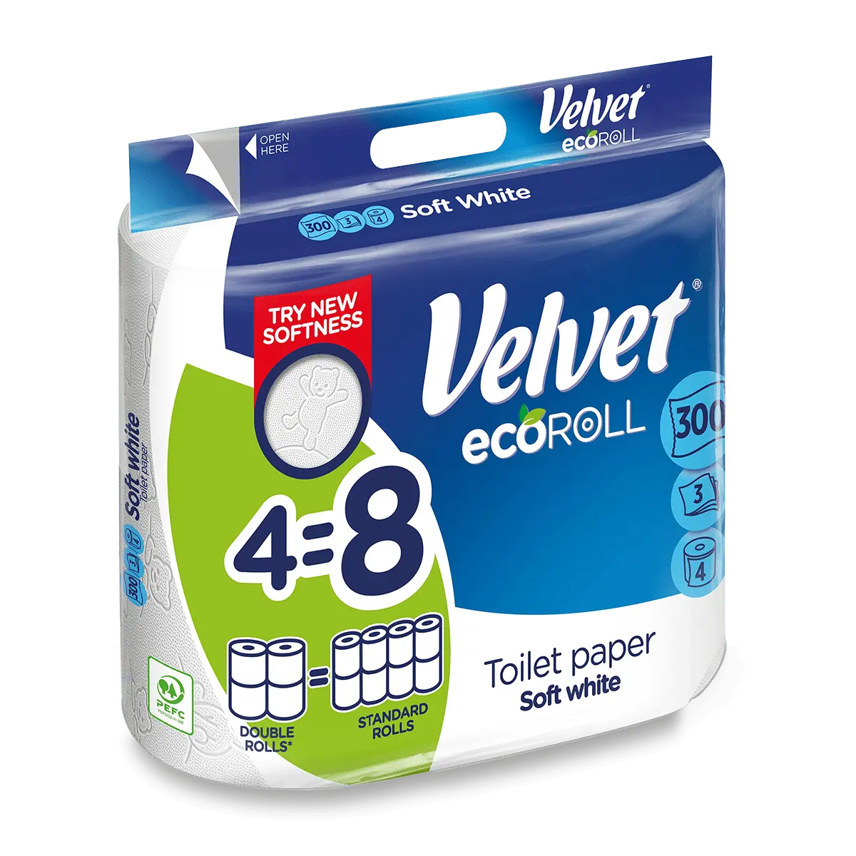 Velvet ecoROLL Soft White - toaletní papír - 3vrstvý, návin 36,6m, 300 útržků, 4 ks