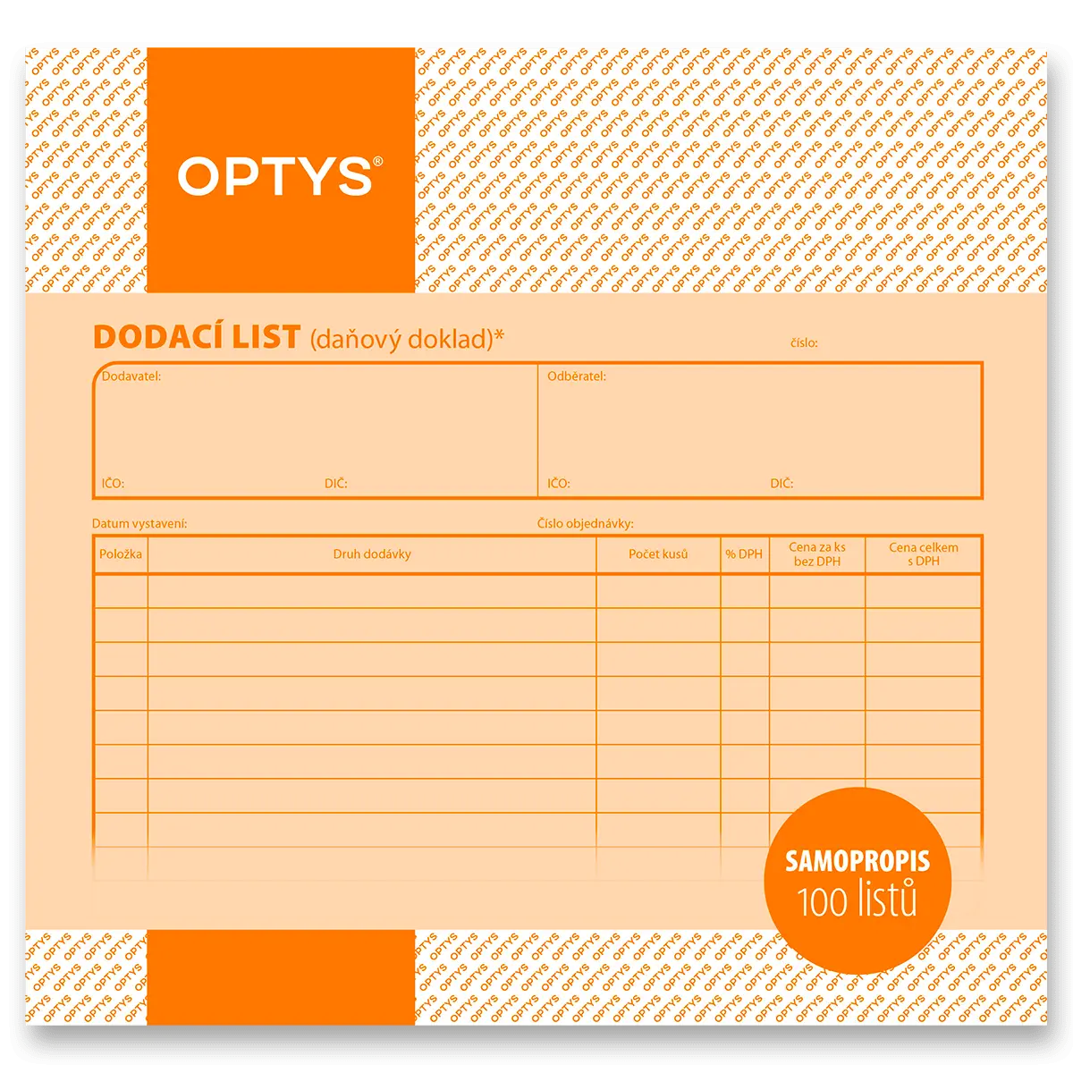 Optys - dodací list