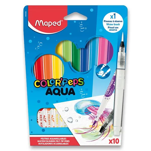 Maped Color'Peps Aqua - dětské fixy - sada 10 barev + vodní štětec
