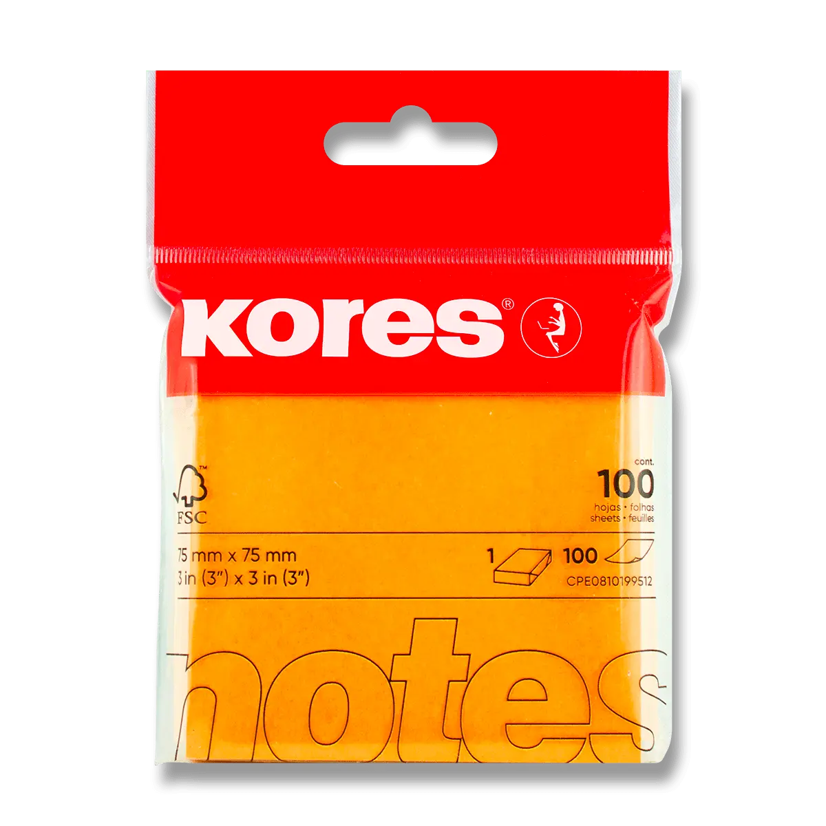 Kores - samolepicí bloček - 75x75 mm, 100 l., neon oranžový