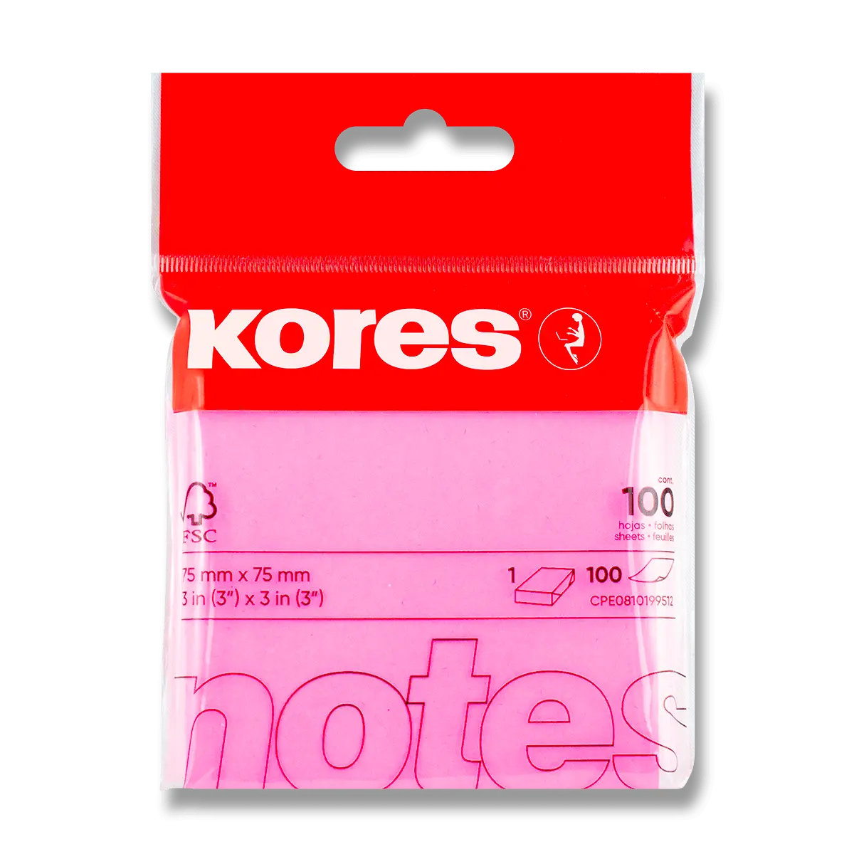 Kores - samolepicí bloček - 75x75 mm, 100 l., neon růžový