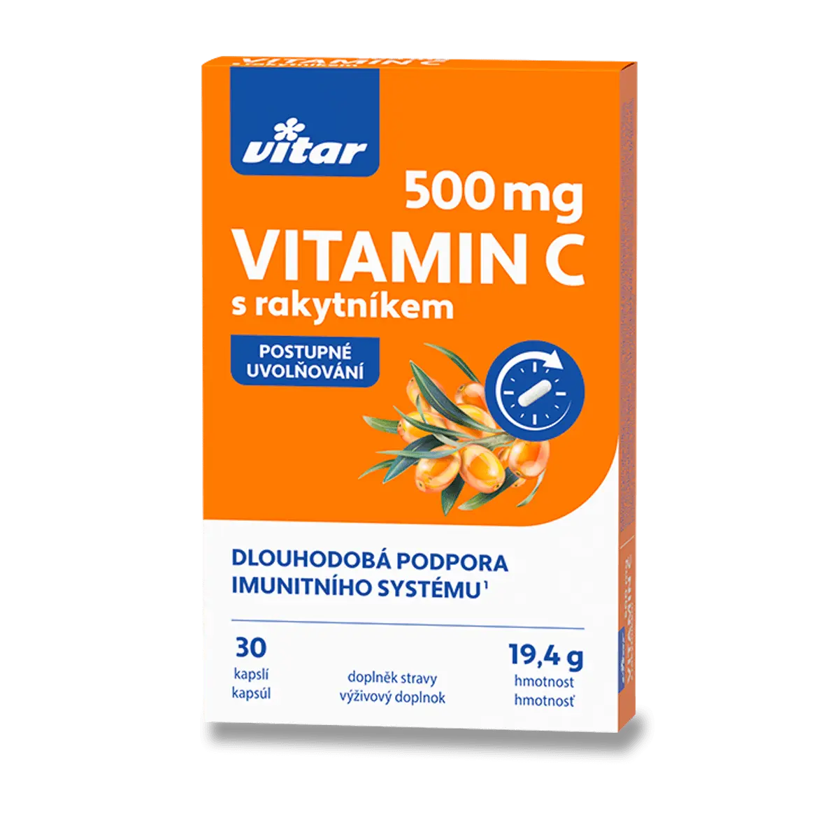 Vitar Vitamín C 500 mg s rakytníkem - 30 kapslí