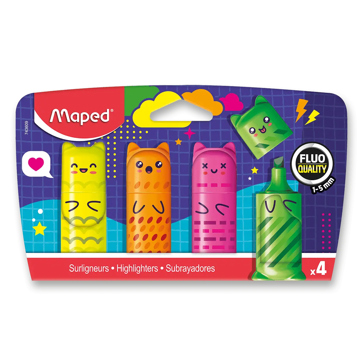 Maped Mini Fluo Kawai - zvýrazňovač - sada 4 barev