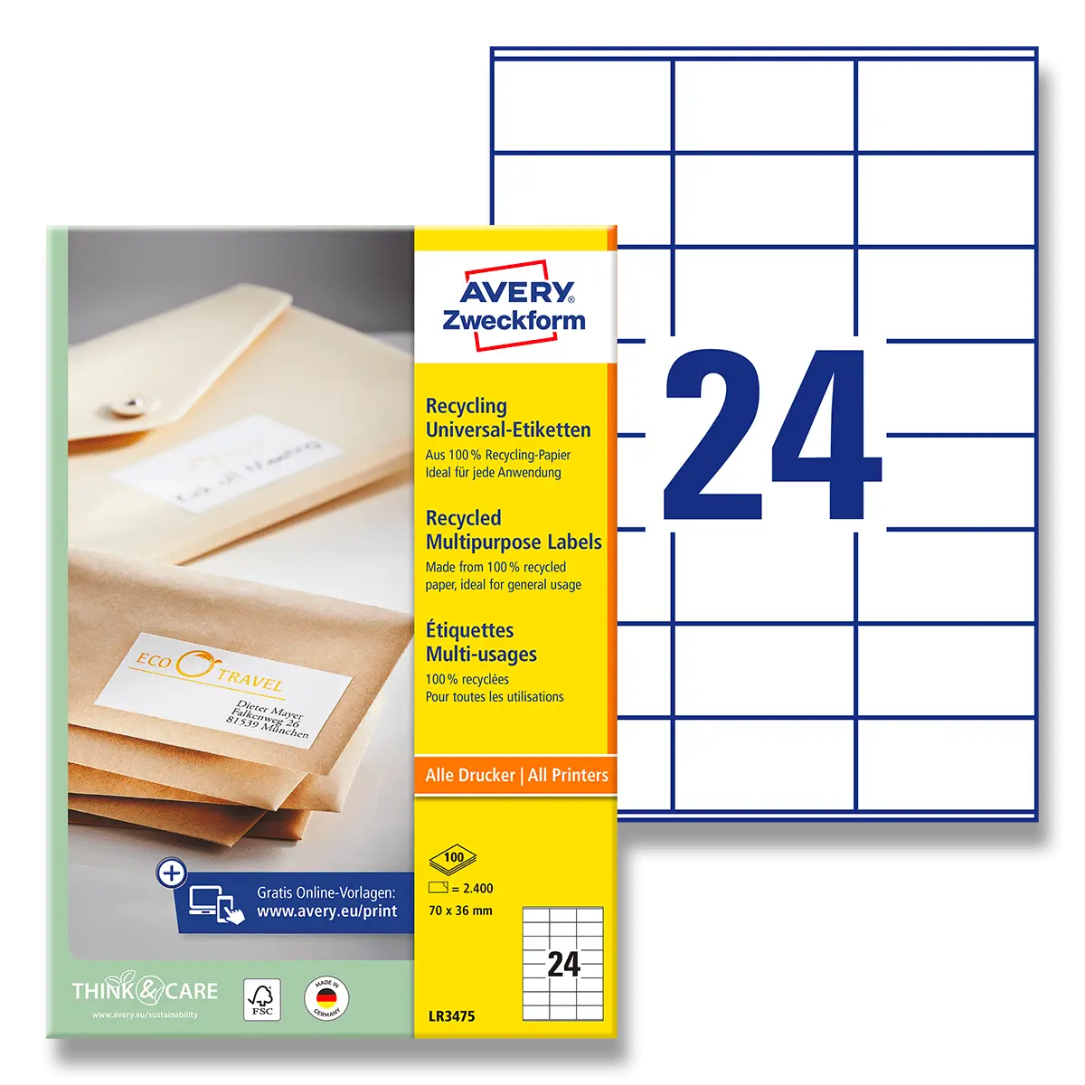 Avery Zweckform - univerzální etikety - 70,0 x 36,0 mm, 2400 etiket, recyklované