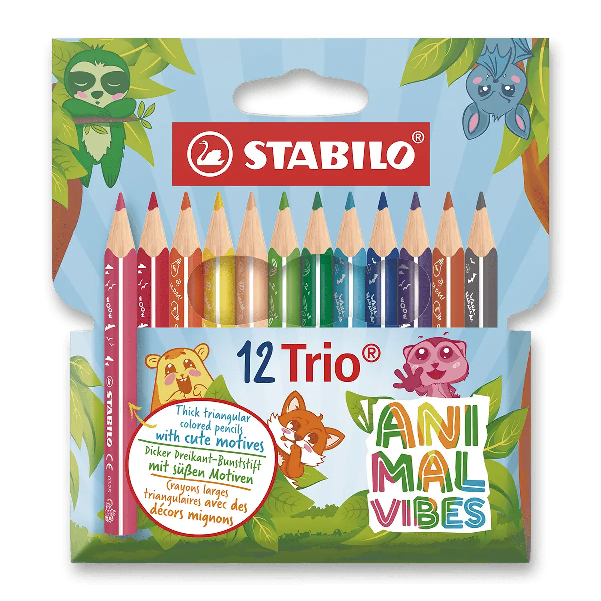 Trojhranná farbička - STABILO Trio hrubá krátka - 12 ks sada - s motívmi zvierat