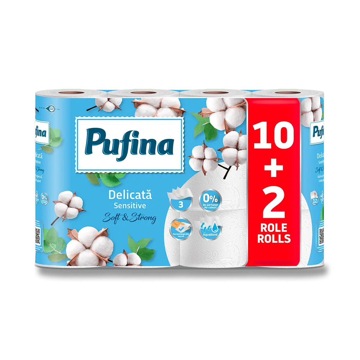 Pufina Sensitive - toaletní papír - 3vrstvý, návin 18,9 m, 140 útřžků, 12 rolí