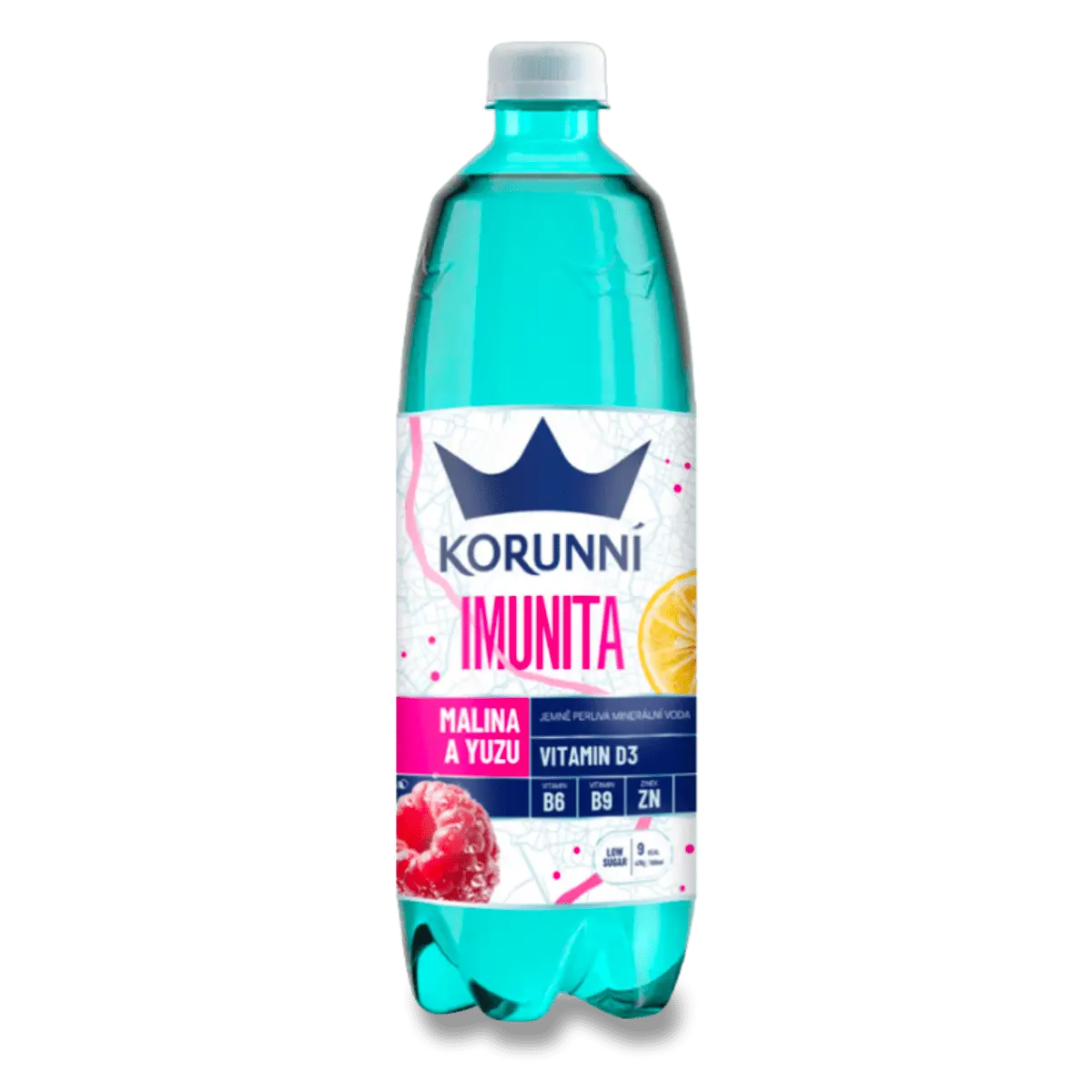 Korunní Imunita - ochucená minerální voda s vitamínem D3 - malina a yuzu, 750 ml