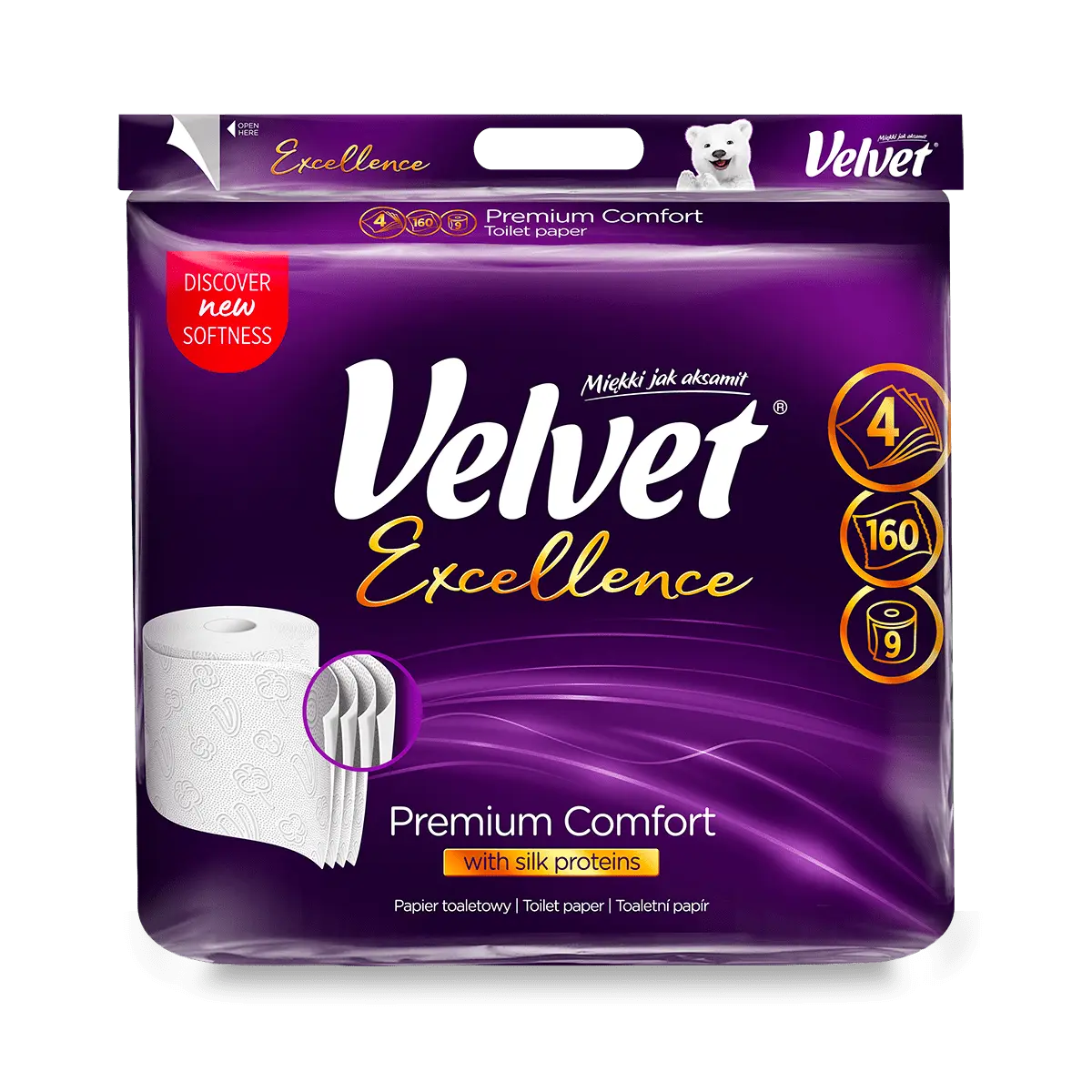 Velvet Excellence - toaletní papír - 4vrstvý, návin 20 m, 160 útržků, 9 rolí