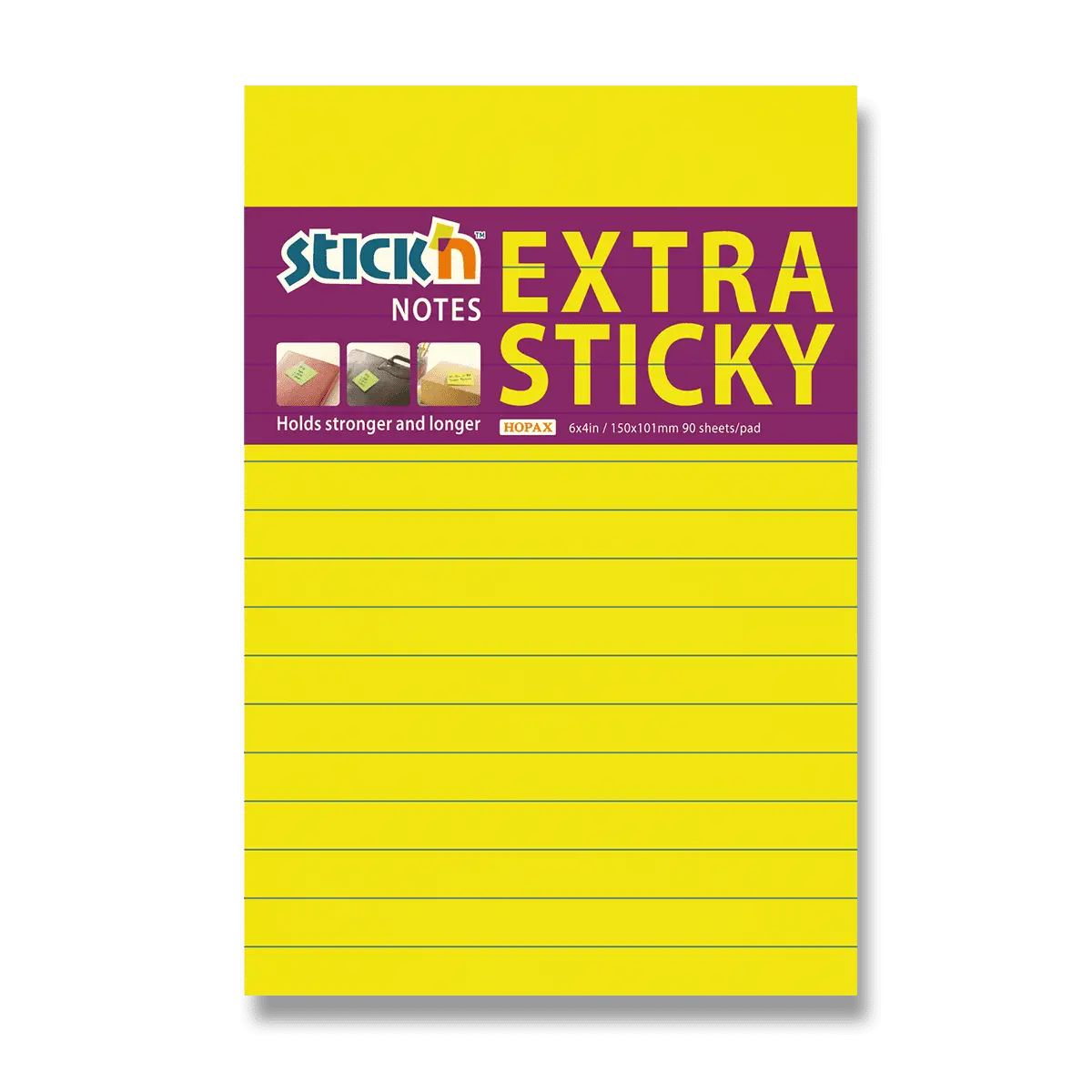 Samolepicí blok Stick'n Extra Sticky 150 × 101 mm, 90 lístků, neonově žlutý, linkovaný