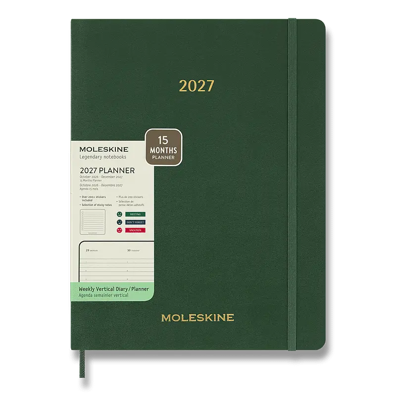 Diář Moleskine Essential 2027 měkké desky, XXL, týdenní, vertikální, tmavě zelený