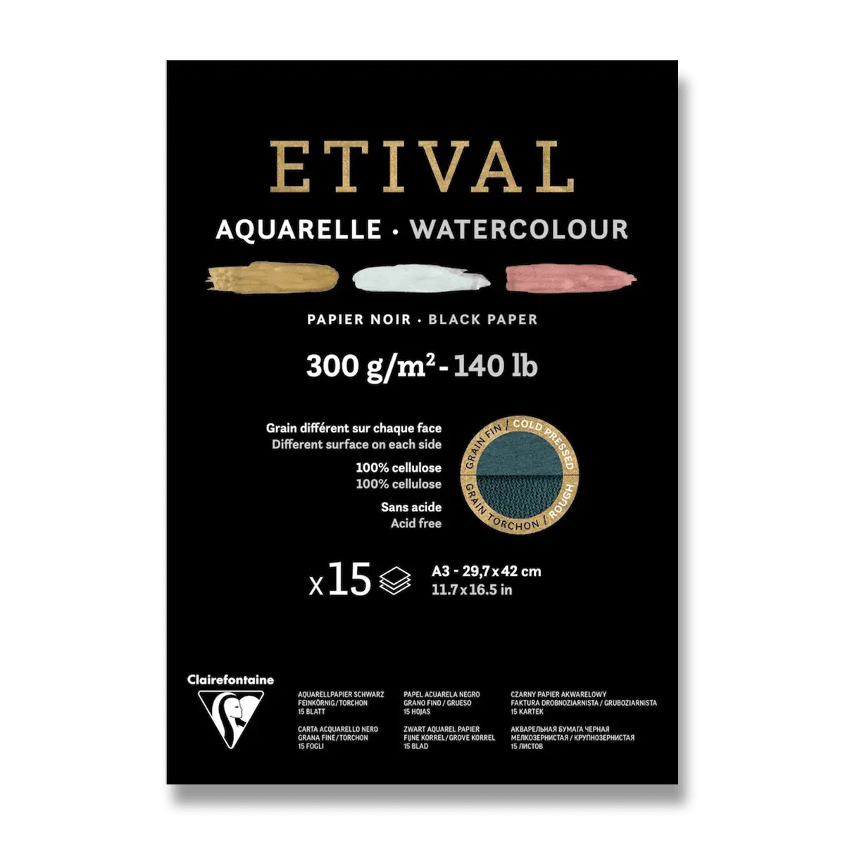 Clairefontaine Etival Black Cold Pressed/Rough - akvarelový blok - A3, 15 listů, 300 g
