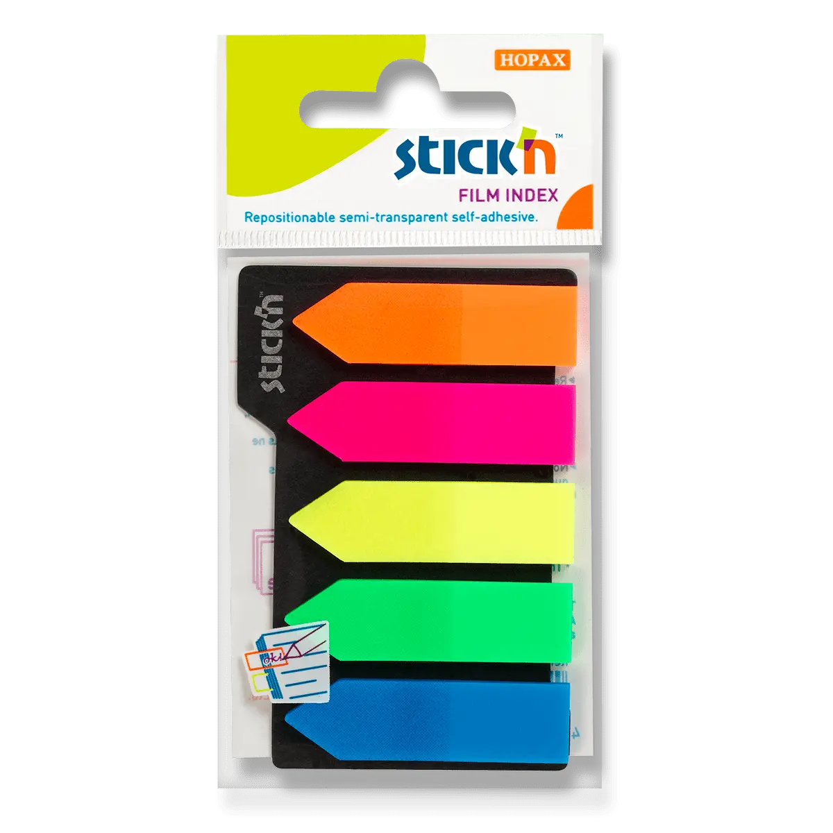 Plastové samolepicí záložky Stick'n 42 × 12 mm, 5 × 25 lístků, neon šipky