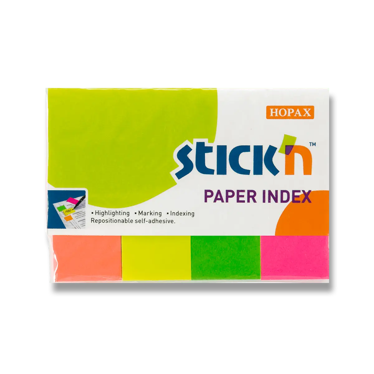 Papírové samolepicí záložky Stick'n 50 × 20 mm, 4 × 50 lístků, neonové barvy
