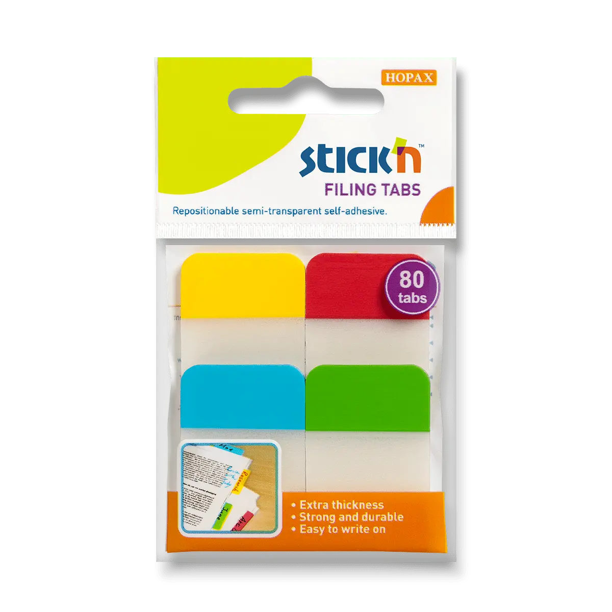 Plastové samolepicí záložky Stick'n extra pevné, 38 × 25 mm, 4 barvy × 20 záložek
