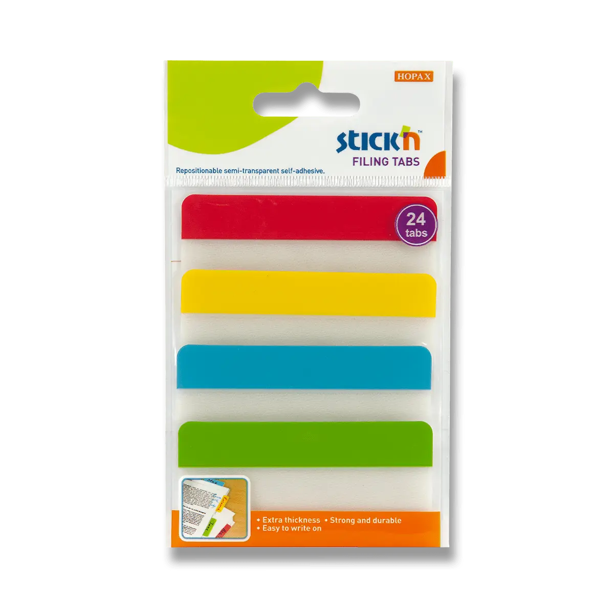 Plastové samolepicí záložky Stick'n extra pevné, 38 × 76 mm, 4 barvy × 6 záložek
