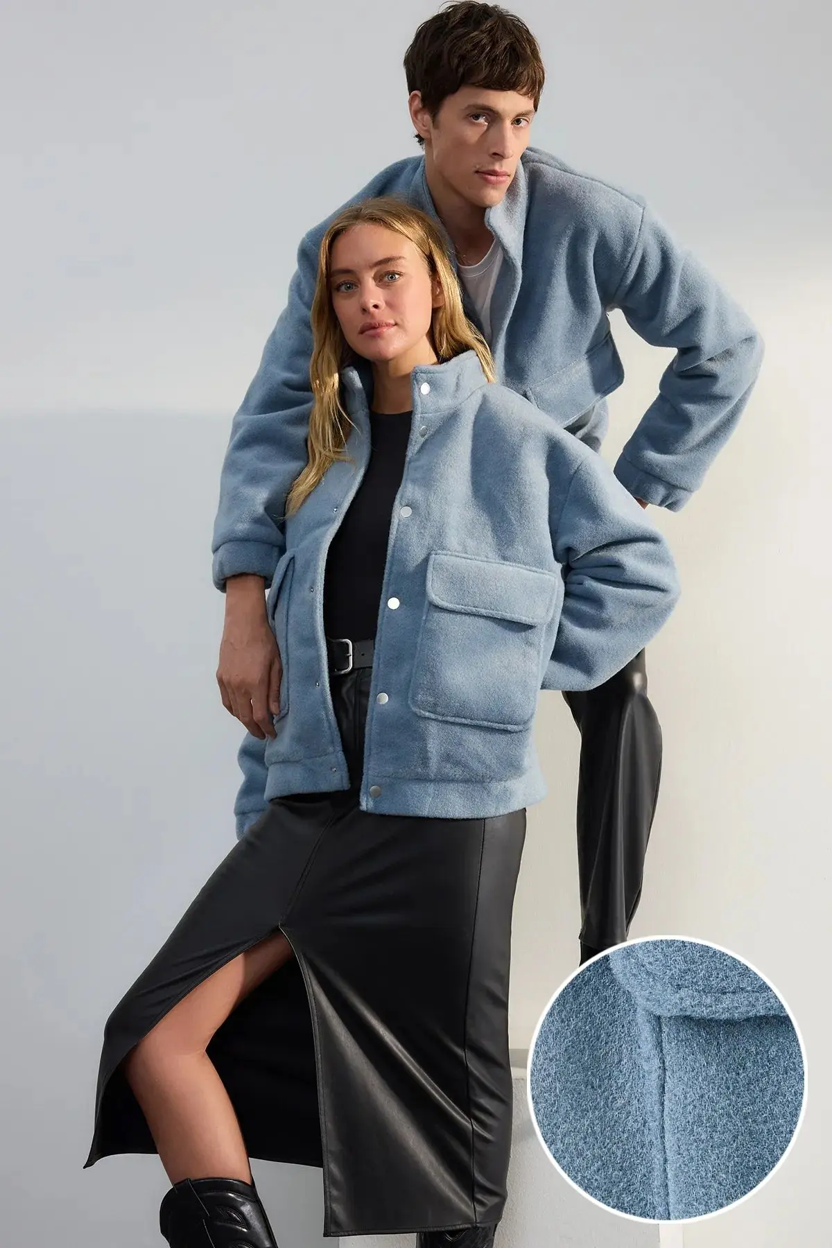 Trendyol Limited Edition Blue Regular Fit Stand Collar Pocket Detail Snap Soft Winter Coat