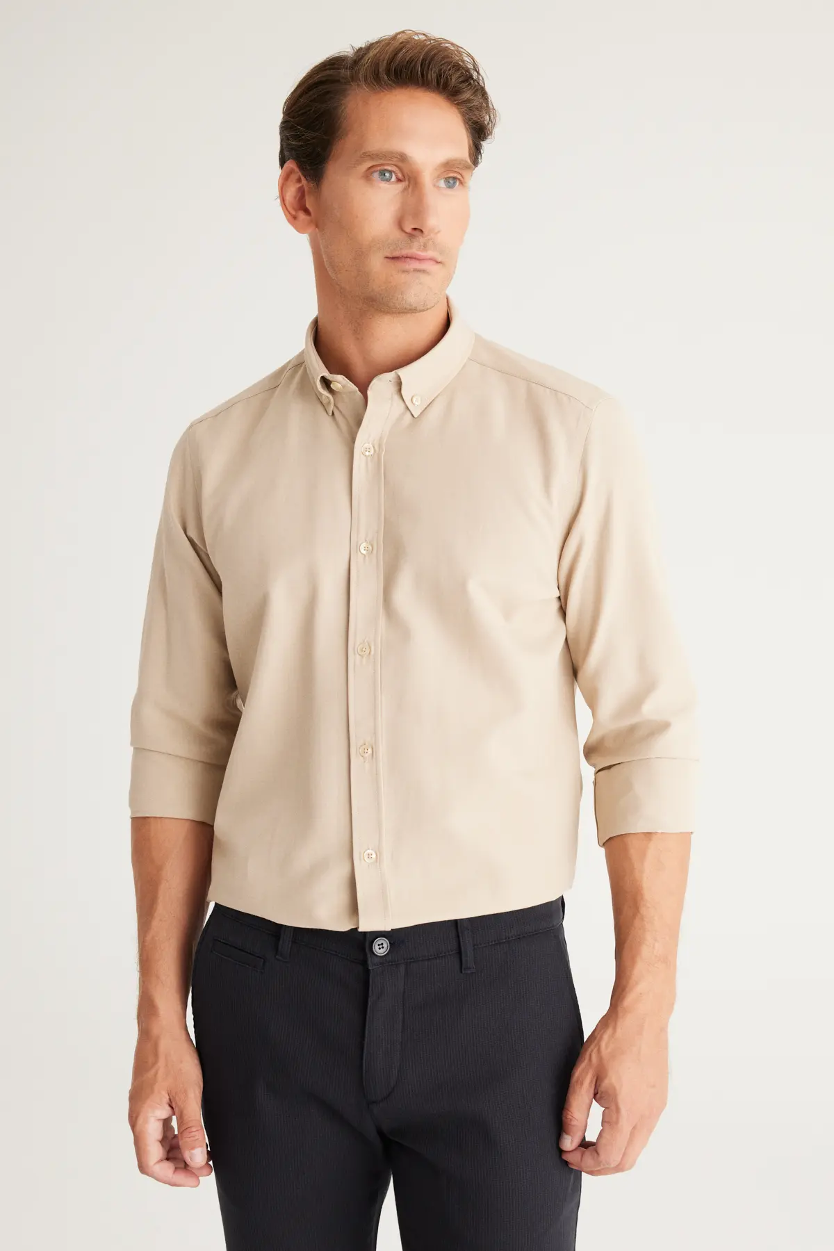 AC&amp;Co / Altınyıldız Classics Men's Oxford Beige Button-Down Collar Easy Iron Cotton Slim Fit Slim Fit Shirt