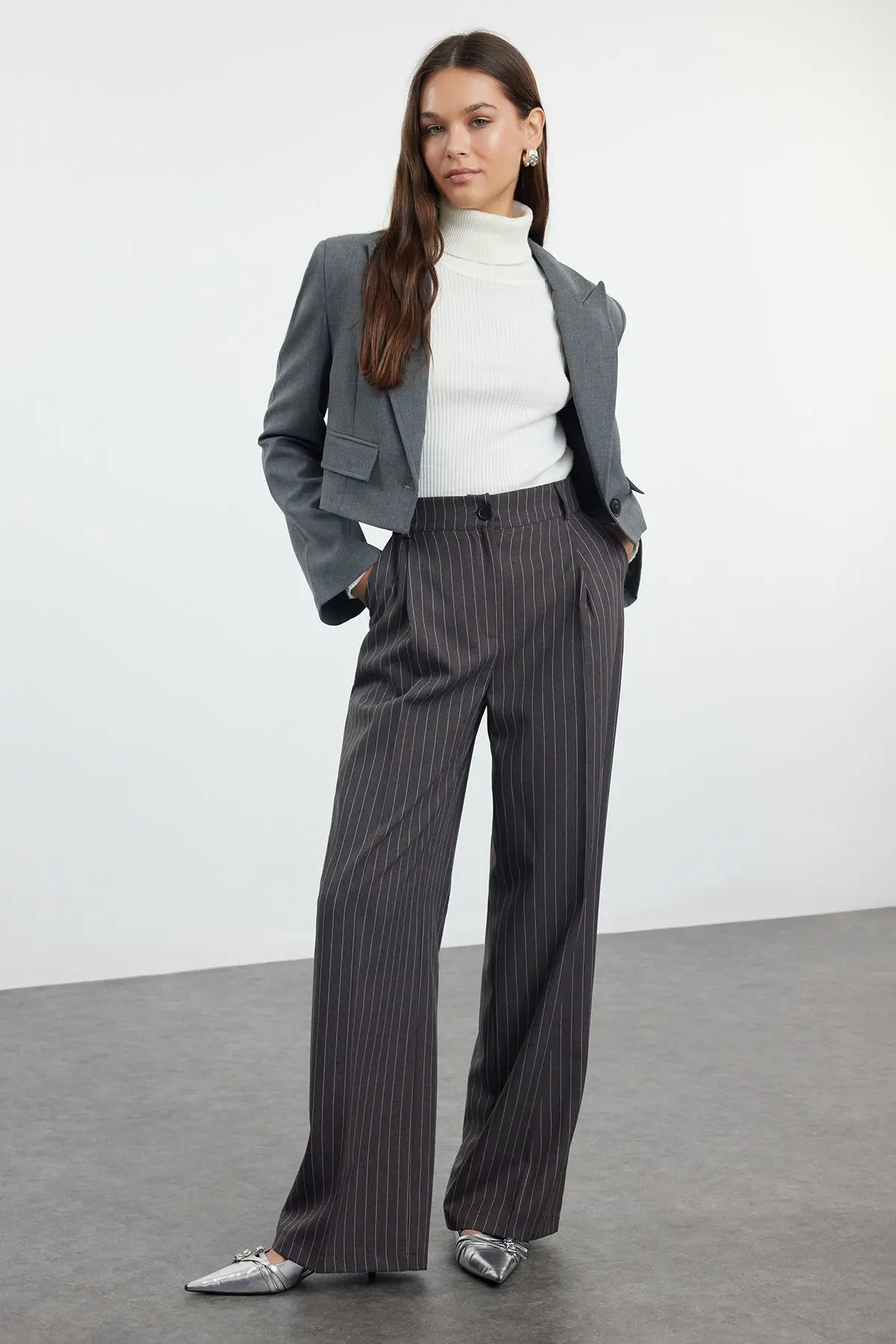 Trendyol Anthracite Striped Regular Waist Wide Leg/Wide Leg Woven Fabric Trousers
