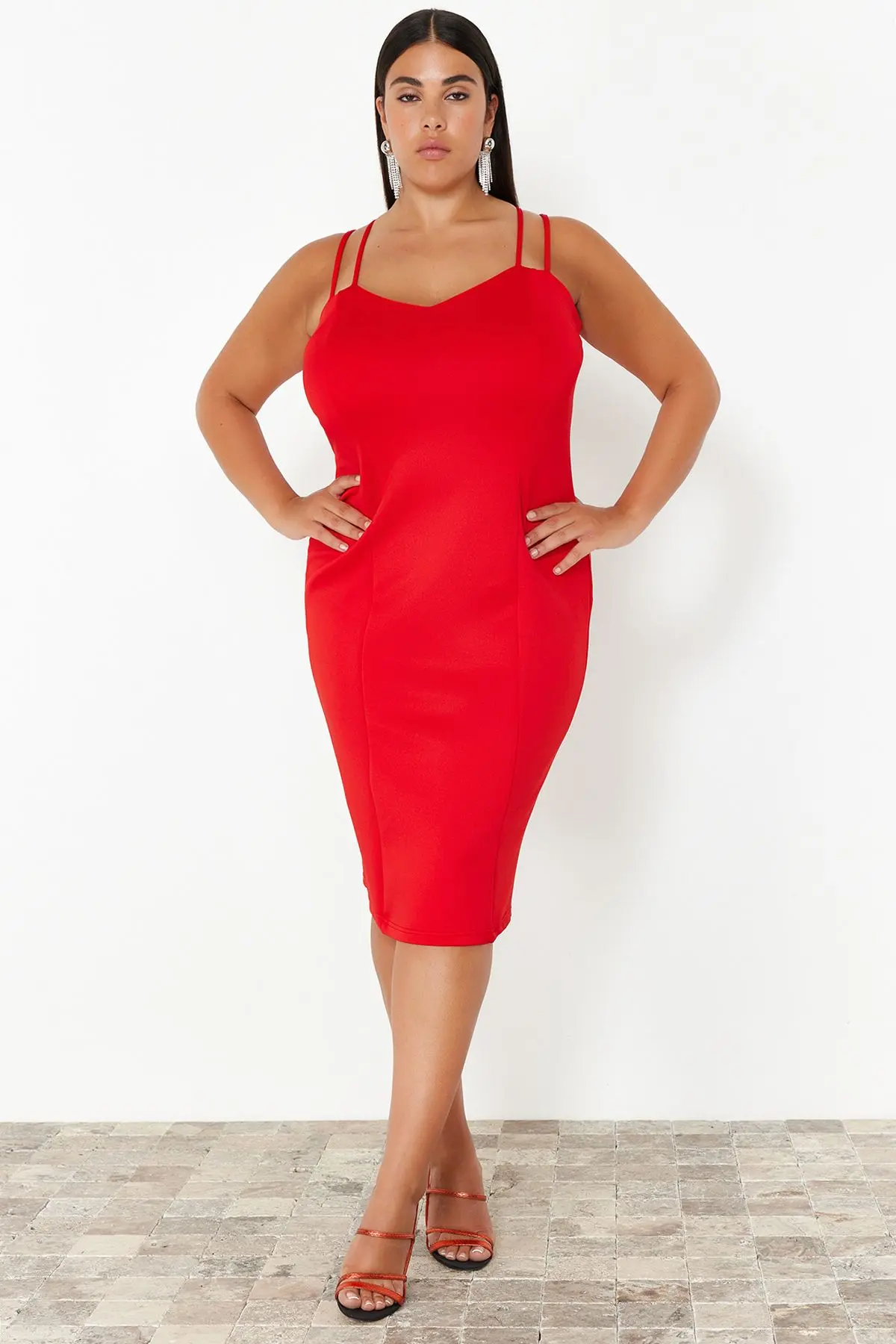Trendyol Curve Red Sweetheart Collar Strap Summer Knitted Dress