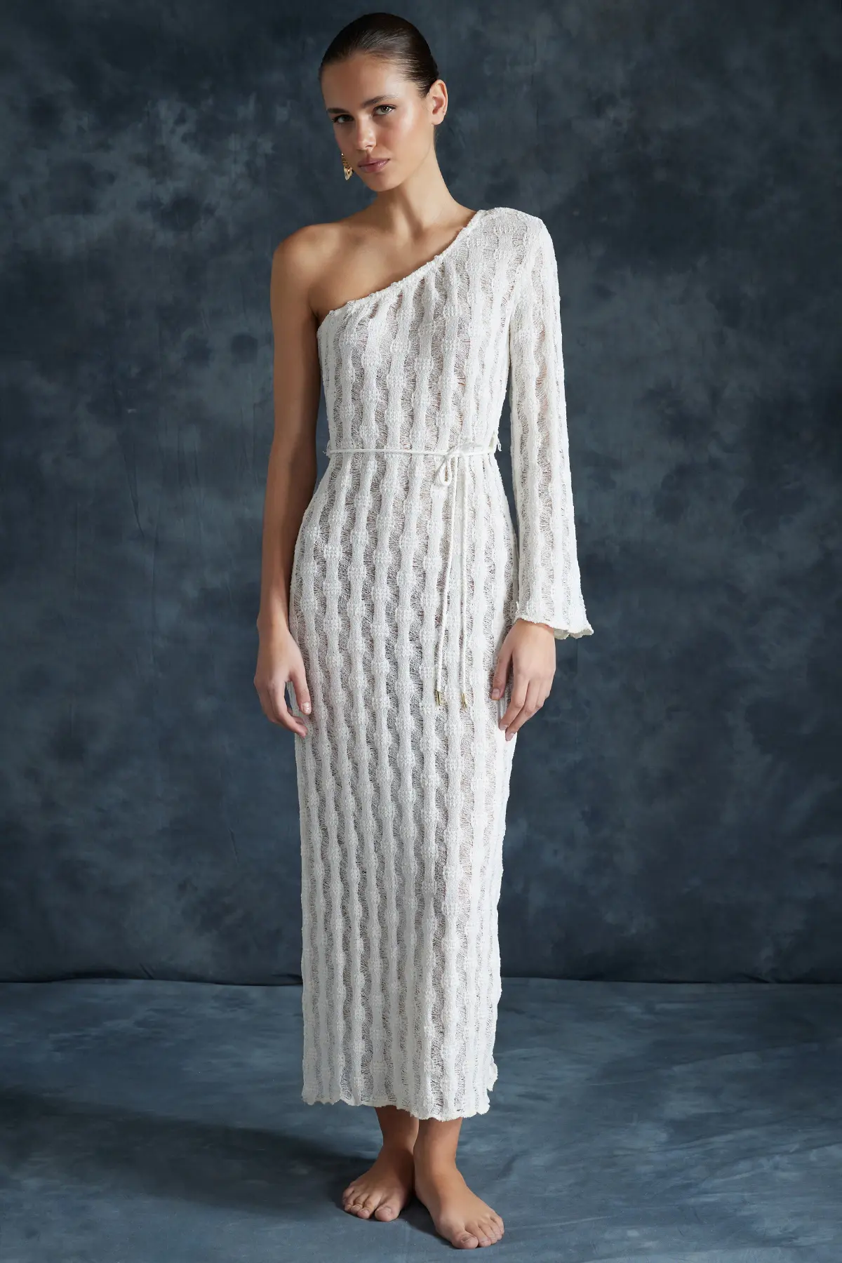 Trendyol Beige Belted Bodycon Knitwear Look One Shoulder Beach Dress