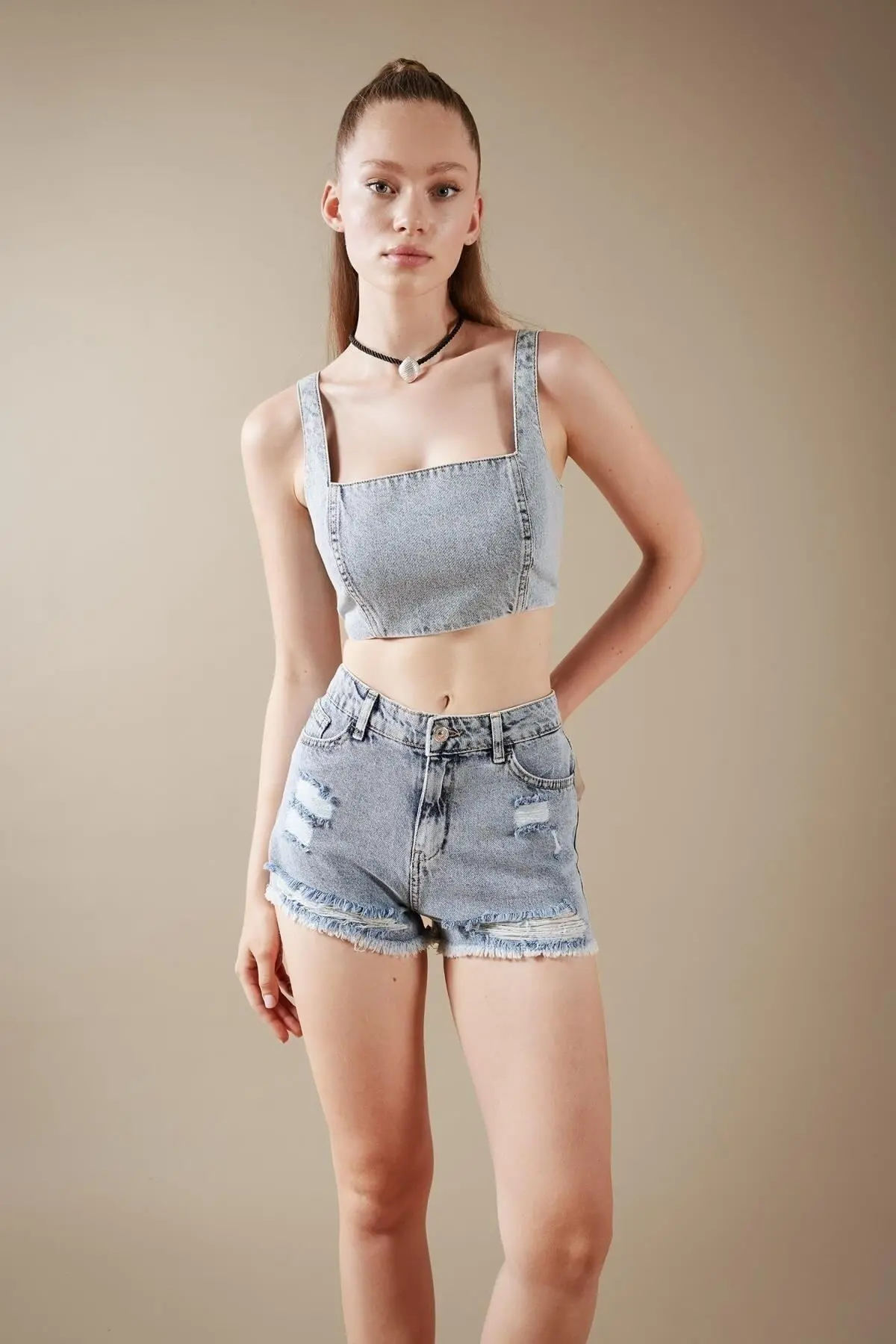 DEFACTO Crop Square Neck 100% Cotton Jean Blouse