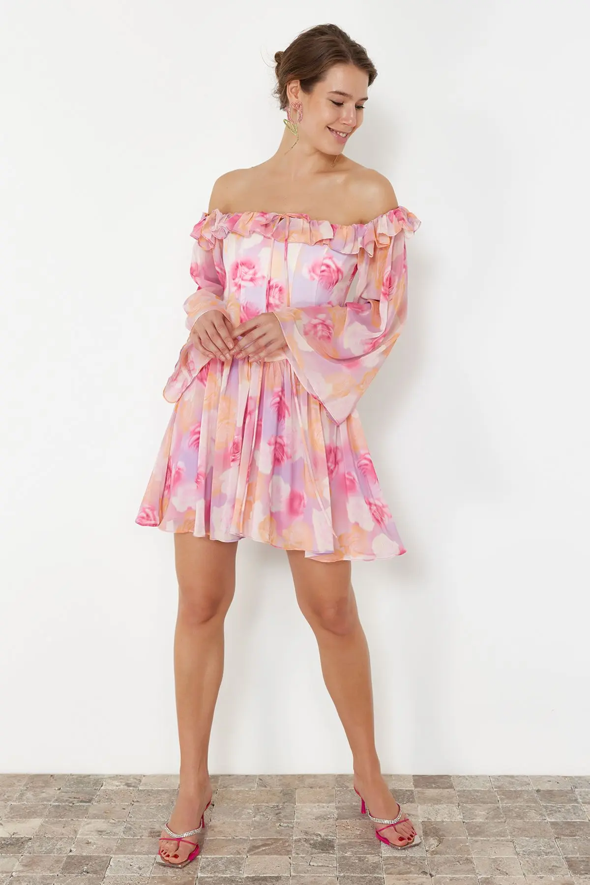 Trendyol Multicolored A-Line Lined Flounce Woven Chiffon Short Elegant Evening Dress