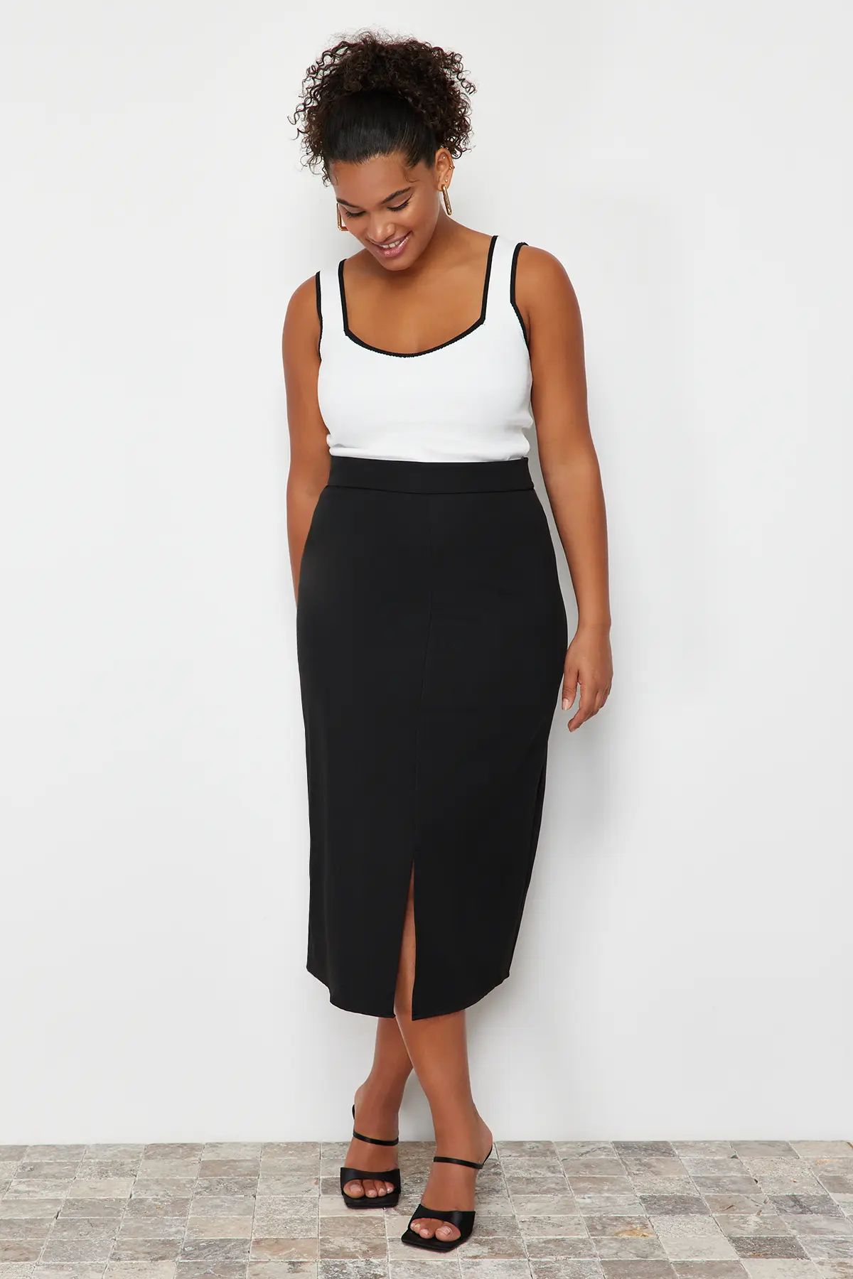 Trendyol Curve Ecru Stripe Detailed Square Neck Bodycon Knit Blouse