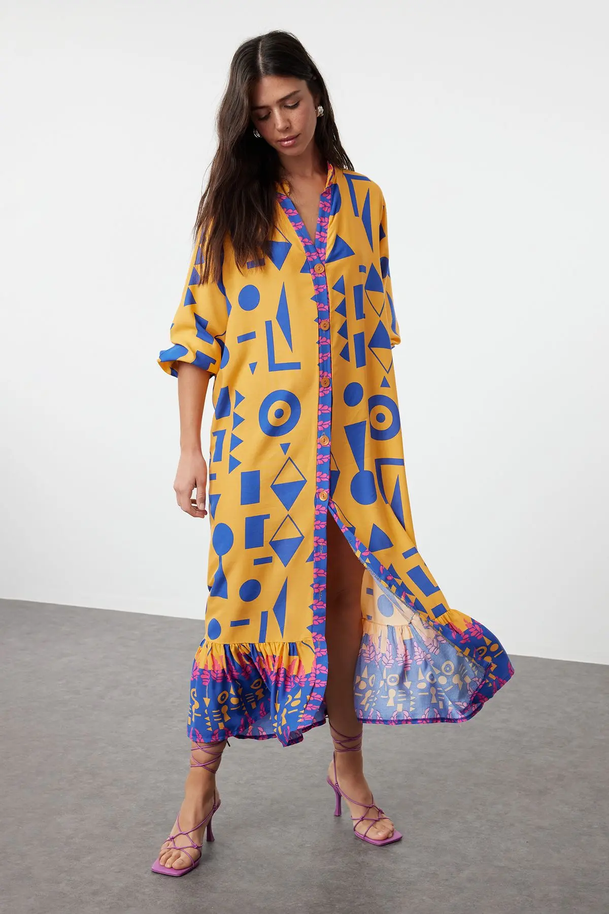 Trendyol Orange Printed Midi Wide Bow Border Pattern Detail Woven Dress Woven Dress