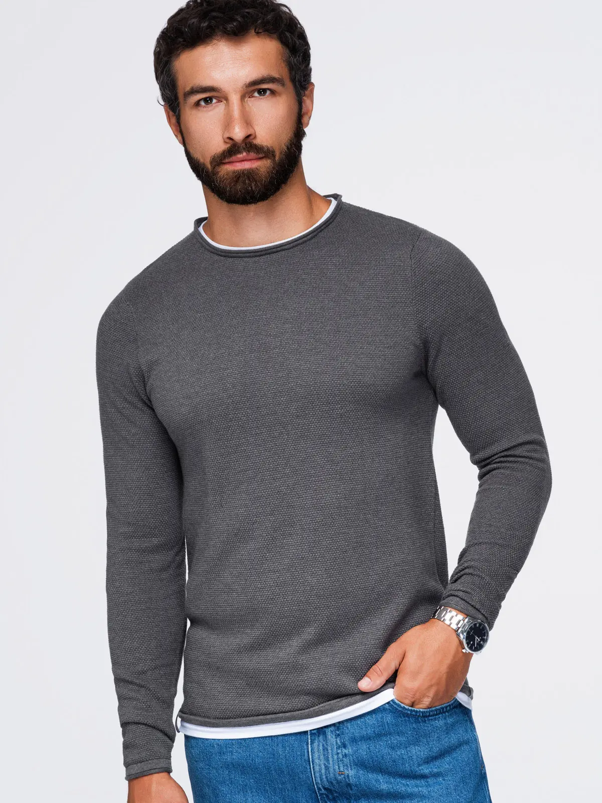 Ombre Men’s cotton jumper with a round neckline and contrasting trim – graphite melange
