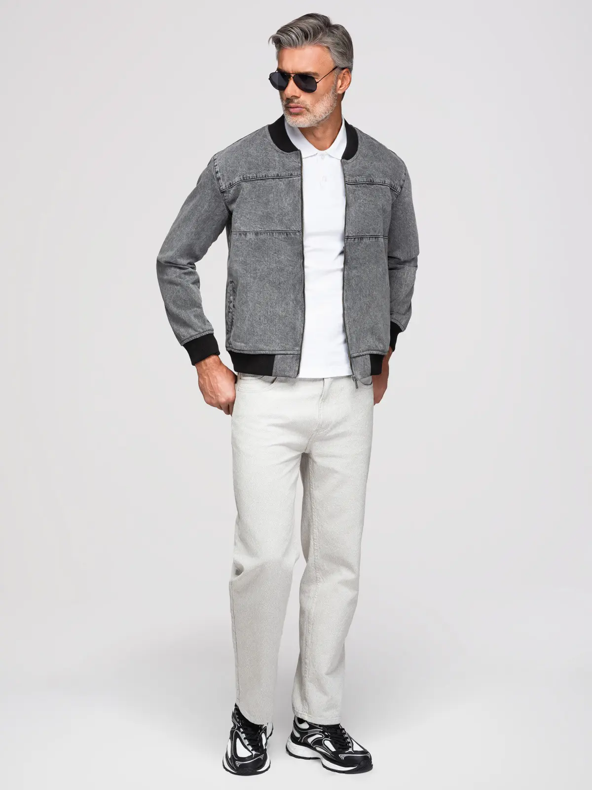 Ombre Men's denim bomber jacket with stone wash effect - grey